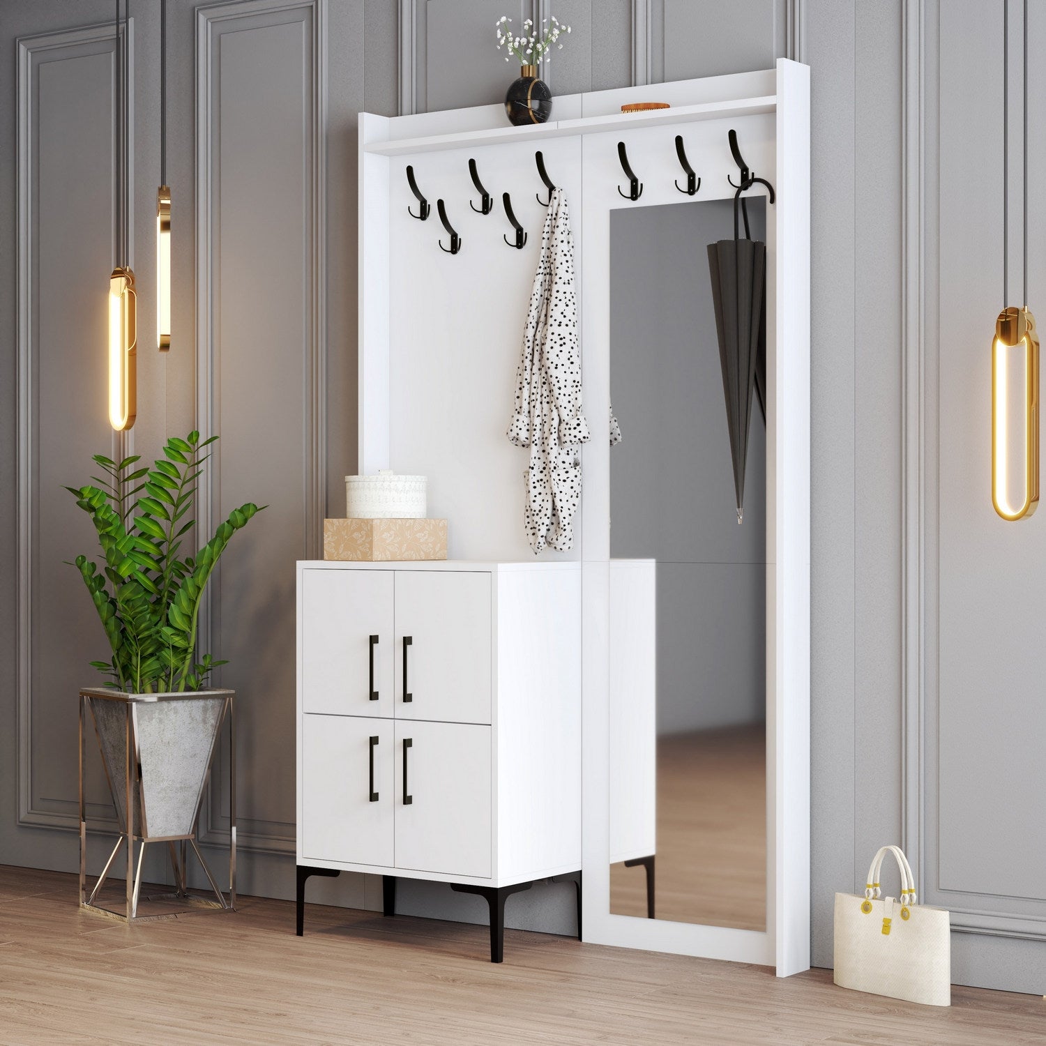 Suporte de hall elegante com pernas de metal e cabide, branco, 120 x 200 x 35 cm | 100% revestido em melamina, 18 mm de espessura | Montado na parede, várias prateleiras para uma entrada organizada