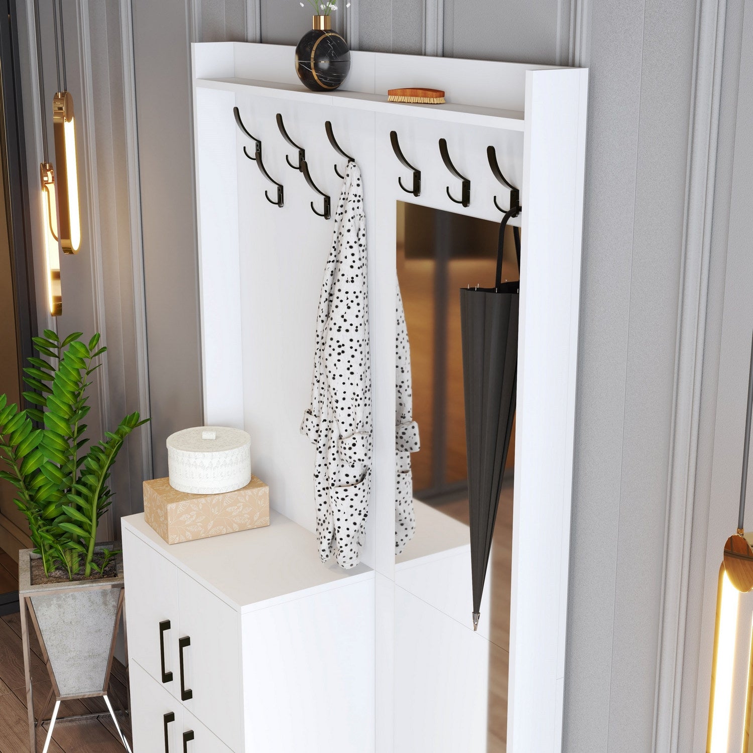 Suporte de hall elegante com pernas de metal e cabide, branco, 120 x 200 x 35 cm | 100% revestido em melamina, 18 mm de espessura | Montado na parede, várias prateleiras para uma entrada organizada
