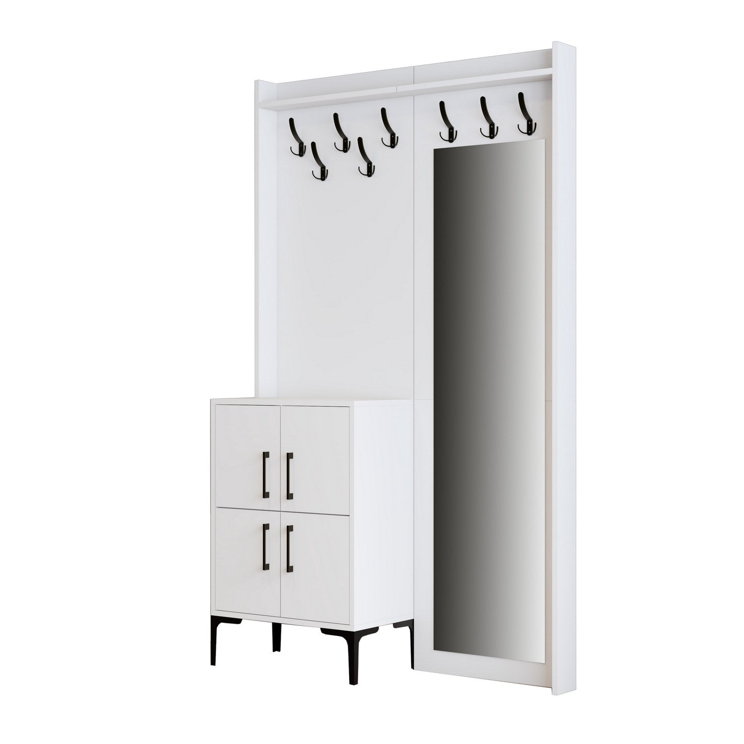 Suporte de hall elegante com pernas de metal e cabide, branco, 120 x 200 x 35 cm | 100% revestido em melamina, 18 mm de espessura | Montado na parede, várias prateleiras para uma entrada organizada