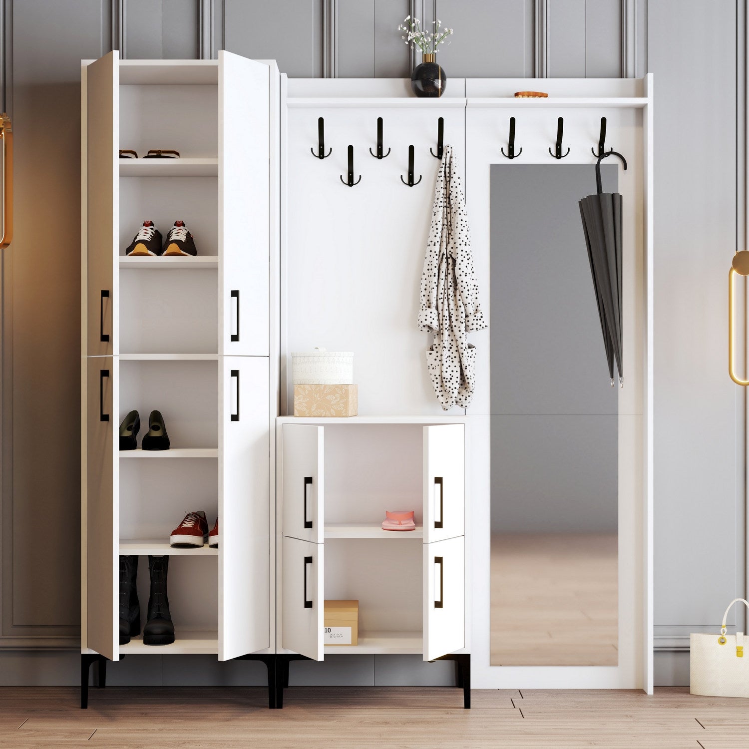 Elegante suporte de hall com pernas de metal e cabide, branco, 180 x 200 x 35 cm | 100% revestido em melamina, 18 mm de espessura | Montado na parede com várias prateleiras
