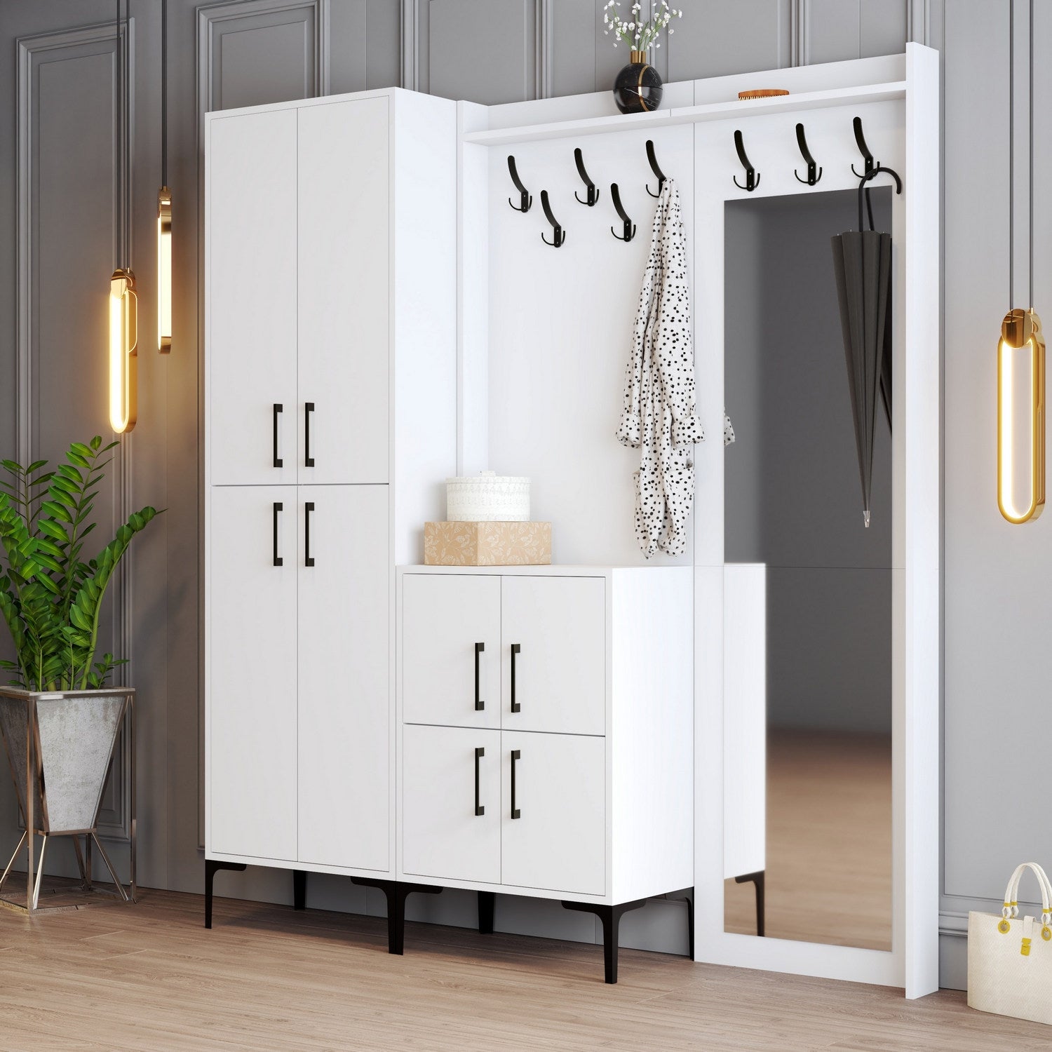 Elegante suporte de hall com pernas de metal e cabide, branco, 180 x 200 x 35 cm | 100% revestido em melamina, 18 mm de espessura | Montado na parede com várias prateleiras