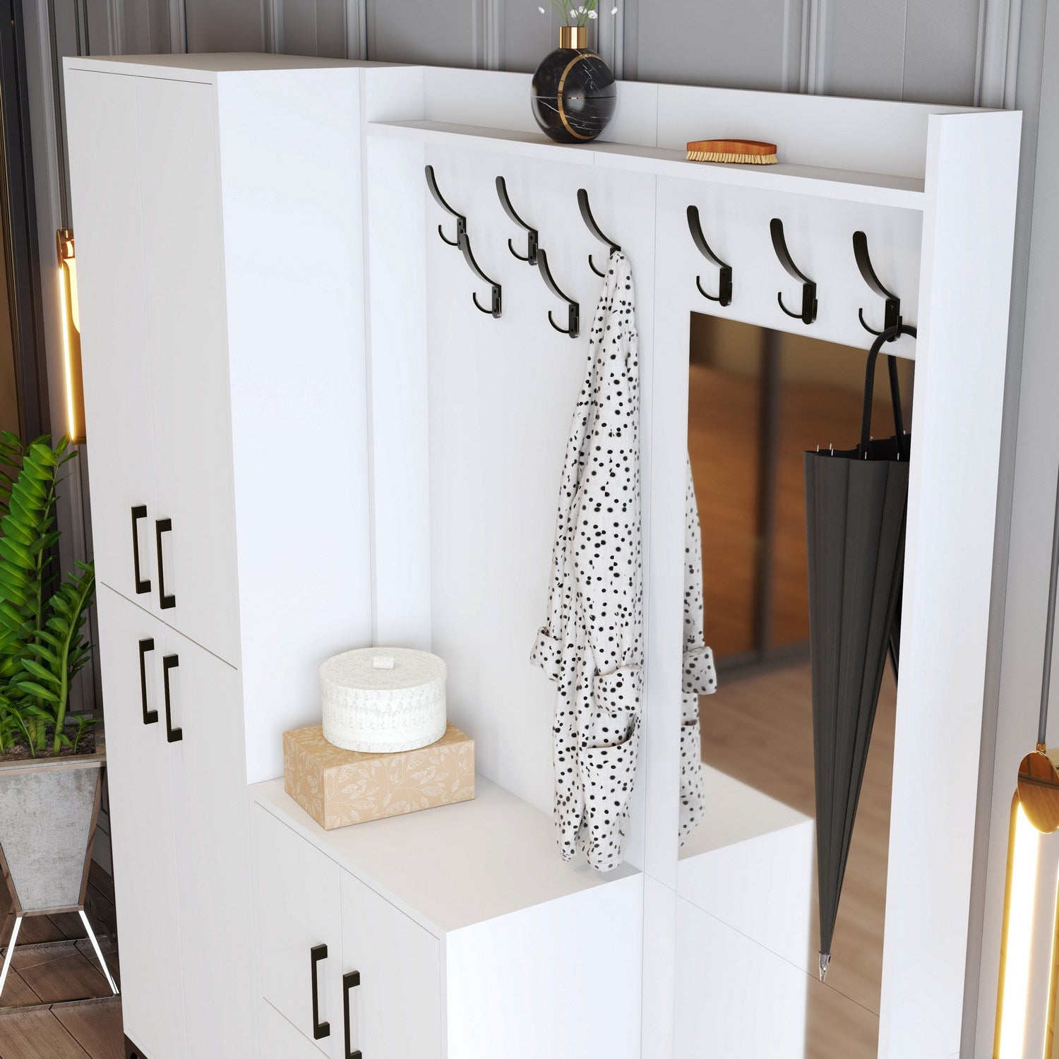 Elegante suporte de hall com pernas de metal e cabide, branco, 180 x 200 x 35 cm | 100% revestido em melamina, 18 mm de espessura | Montado na parede com várias prateleiras
