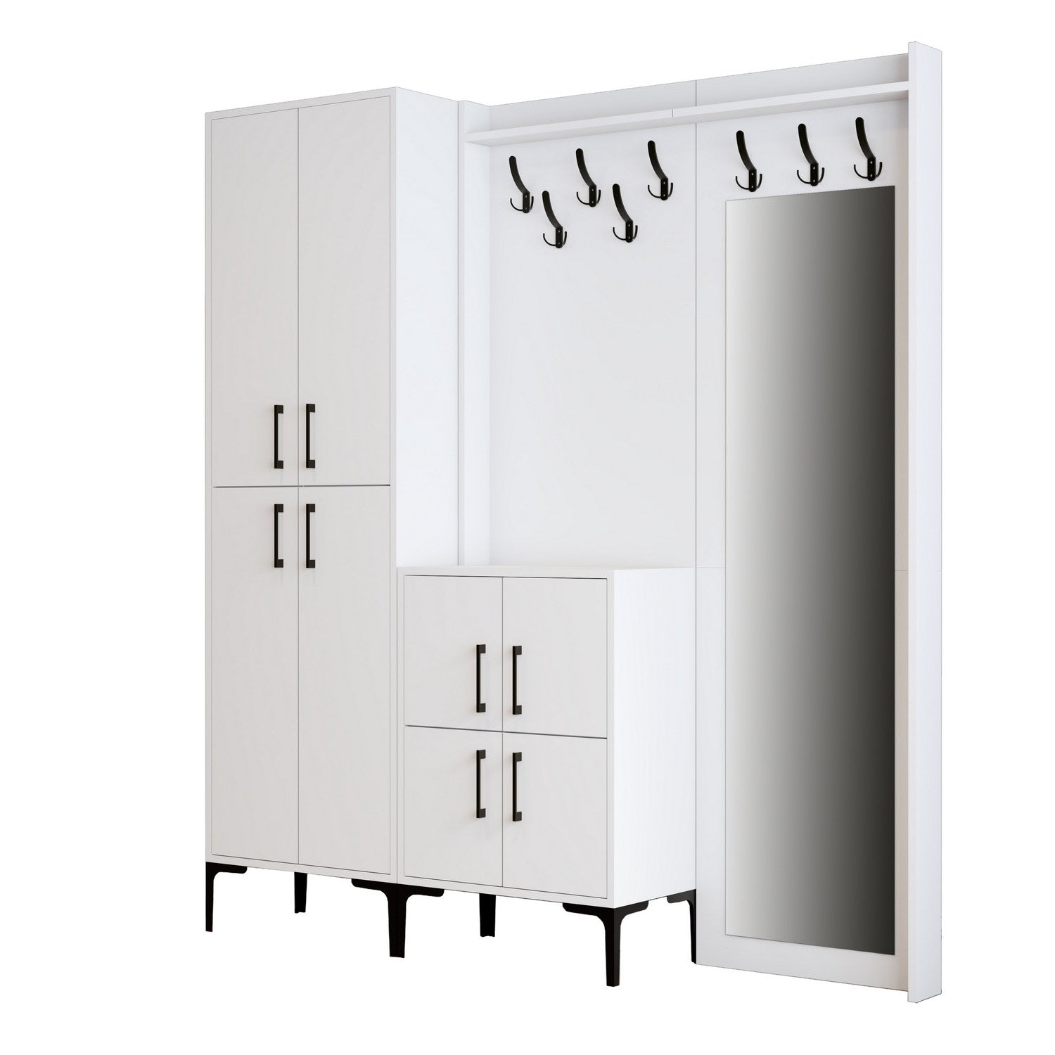 Elegante suporte de hall com pernas de metal e cabide, branco, 180 x 200 x 35 cm | 100% revestido em melamina, 18 mm de espessura | Montado na parede com várias prateleiras