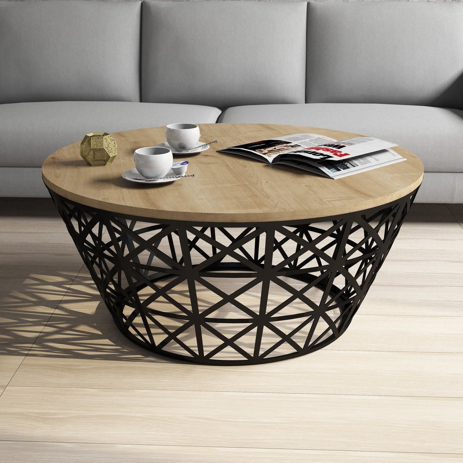 Mesa de Centro – 90 x 38 cm – Carvalho e Preto – Painel de partículas revestido a melamina e pernas em ferro forjado
