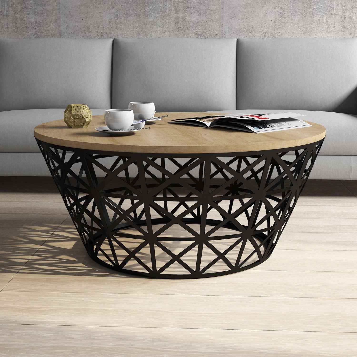 Mesa de Centro – 90 x 38 cm – Carvalho e Preto – Painel de partículas revestido a melamina e pernas em ferro forjado