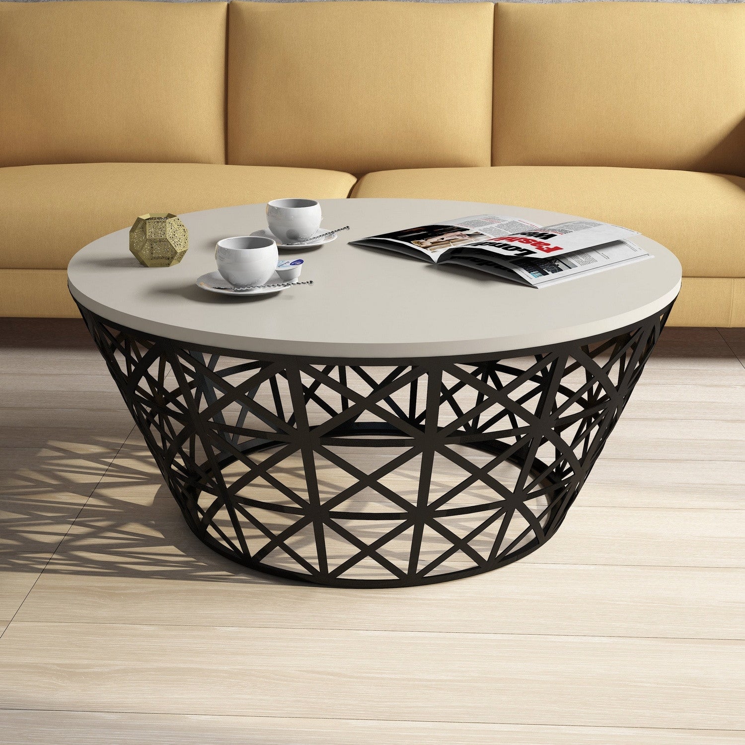 Mesa de Centro Moderna – 90 x 90 x 38 cm – Creme e Preto – Painel de partículas revestido a melamina