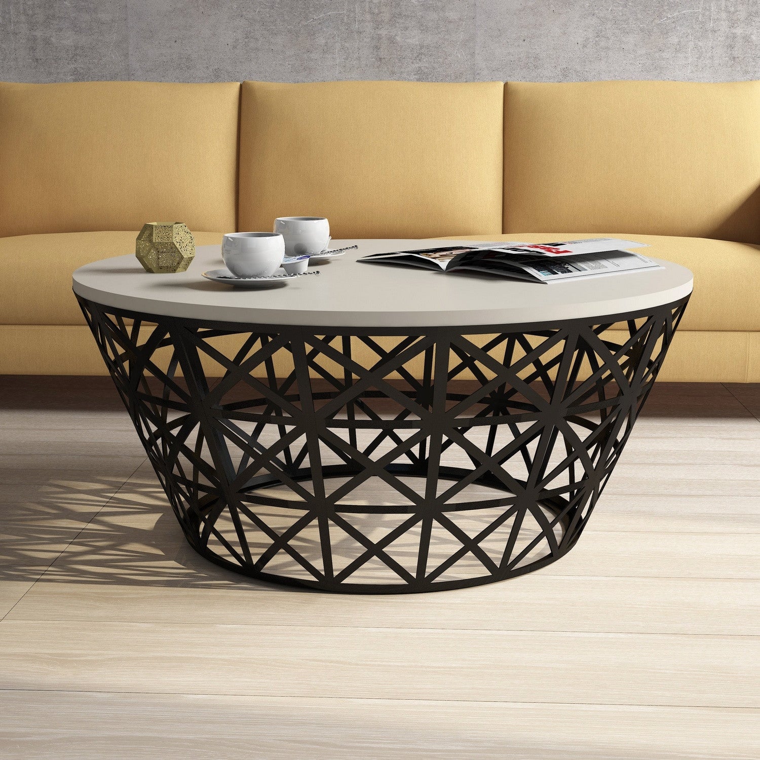 Mesa de Centro Moderna – 90 x 90 x 38 cm – Creme e Preto – Painel de partículas revestido a melamina