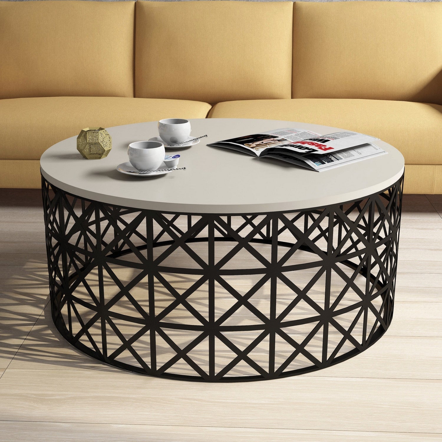 Mesa de Centro Moderna – 90 x 90 x 38 cm – Creme e Preto – Painel de Partículas com Revestimento em Melamina