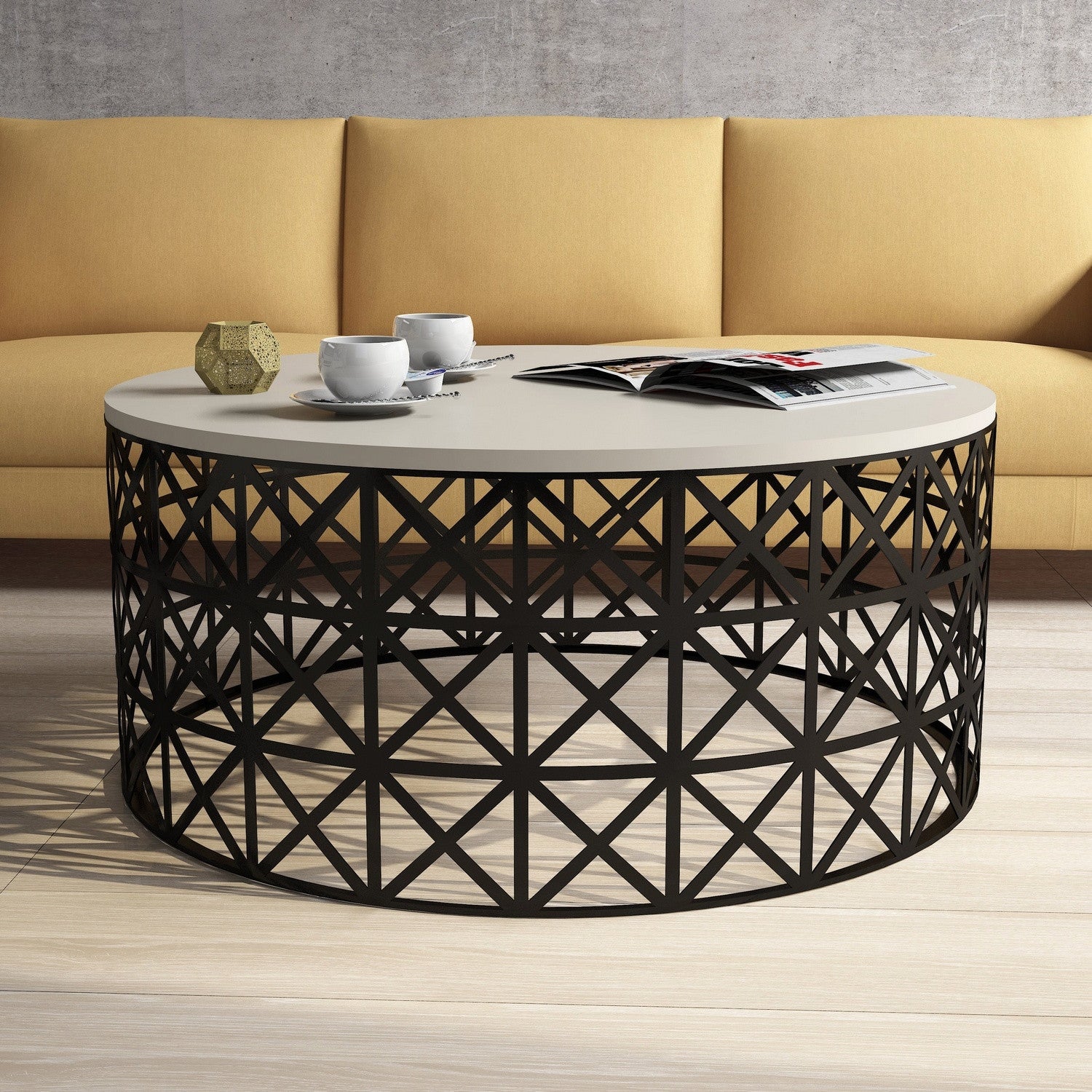 Mesa de Centro Moderna – 90 x 90 x 38 cm – Creme e Preto – Painel de Partículas com Revestimento em Melamina