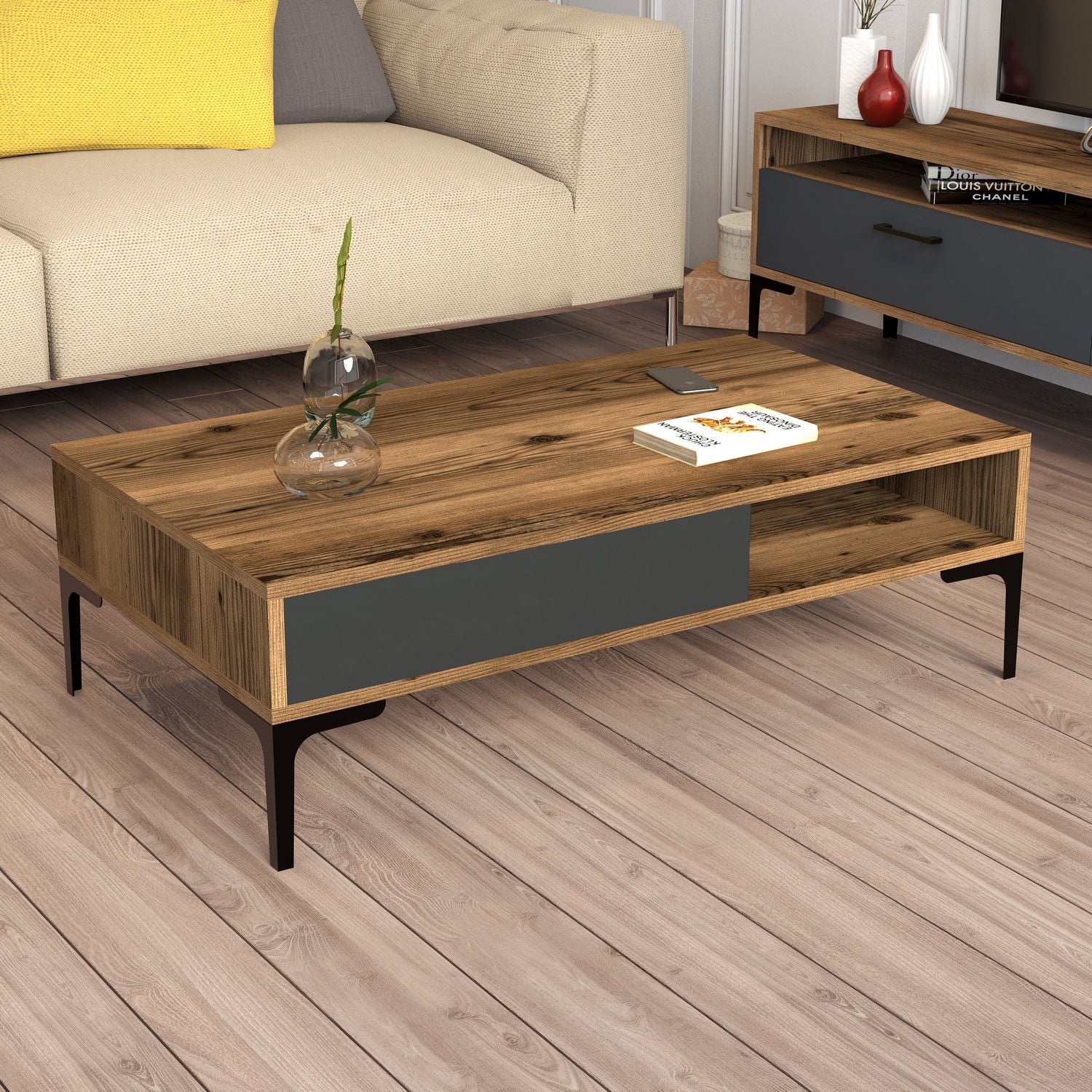 Mesa de Centro Moderna – 105 x 60 x 32,6 cm – Nogueira e Antracite – Painel de Partículas com Melamina