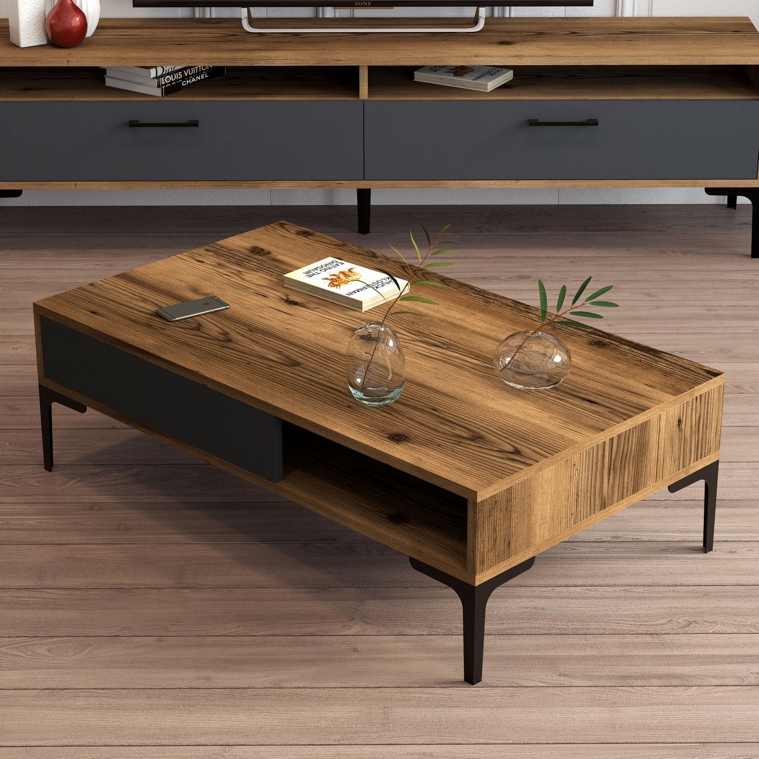 Mesa de Centro Moderna – 105 x 60 x 32,6 cm – Nogueira e Antracite – Painel de Partículas com Melamina