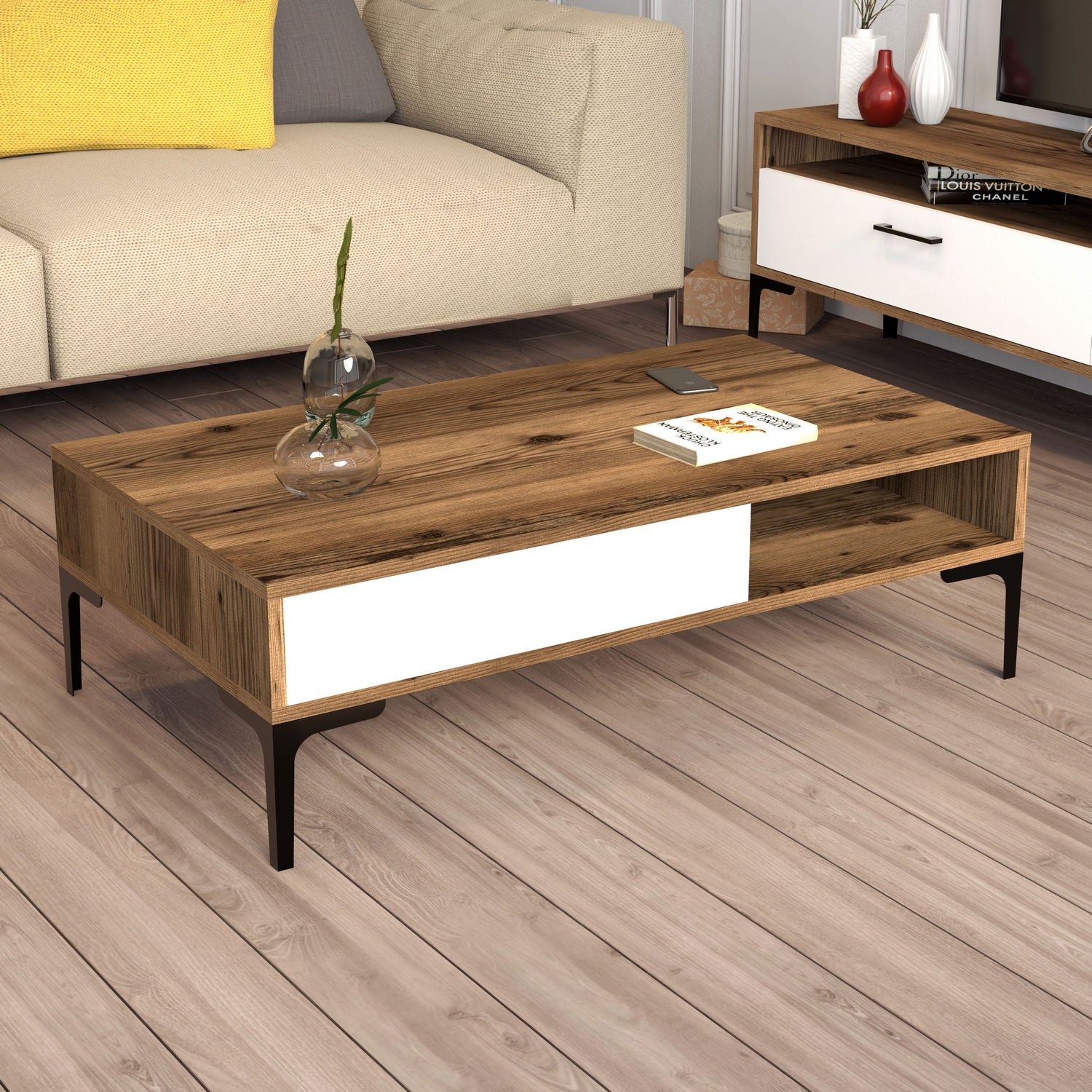 Mesa de Centro Moderna – 105 x 60 x 32,6 cm – Nogueira e Branco – Painel de Partículas 100% Revestido a Melamina