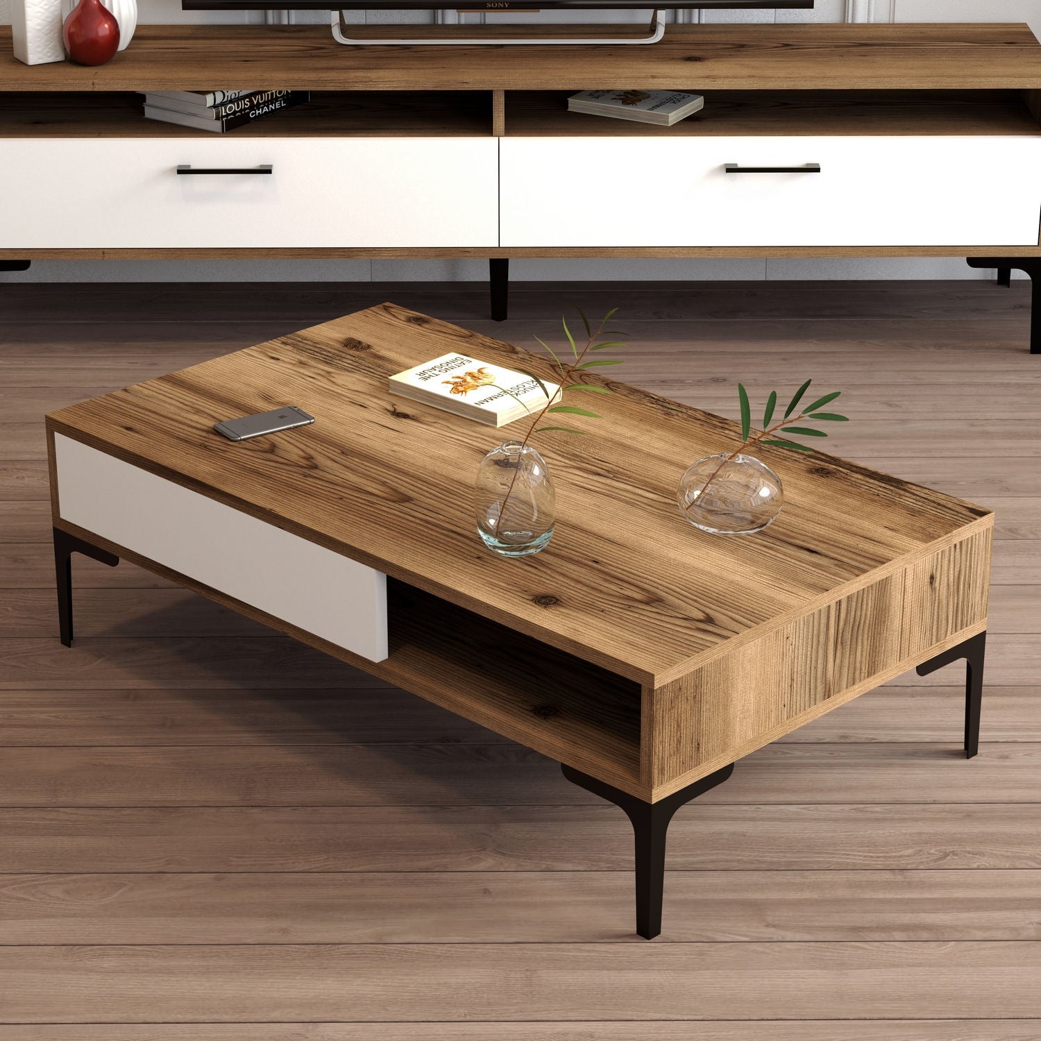Mesa de Centro Moderna – 105 x 60 x 32,6 cm – Nogueira e Branco – Painel de Partículas 100% Revestido a Melamina