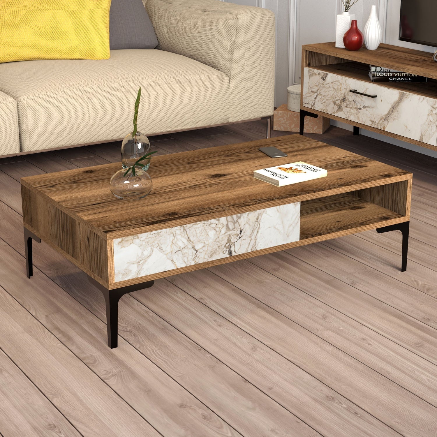 Mesa de Centro Moderna, Nogueira e Branco, 105 x 60 x 32,6 cm | Painel de Partículas 100% Revestido com Melamina, 18 mm de Espessura | Design Industrial Elegante com Pés de Metal