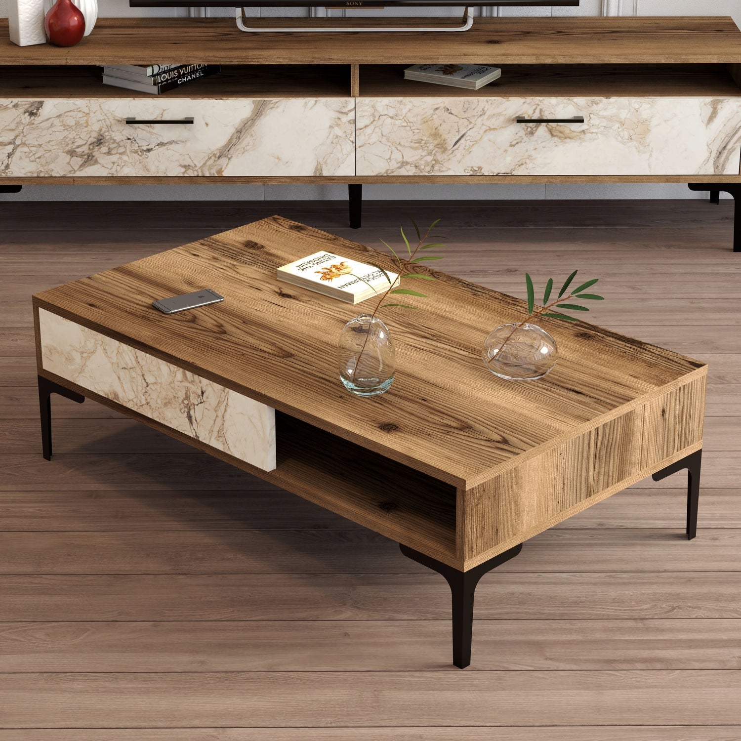 Mesa de Centro Moderna, Nogueira e Branco, 105 x 60 x 32,6 cm | Painel de Partículas 100% Revestido com Melamina, 18 mm de Espessura | Design Industrial Elegante com Pés de Metal