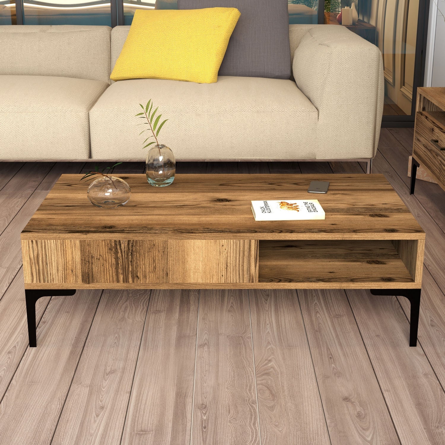Mesa de Centro Moderna – 105 x 60 x 32,6 cm – Nogueira – Painel de Partículas revestido em Melamina