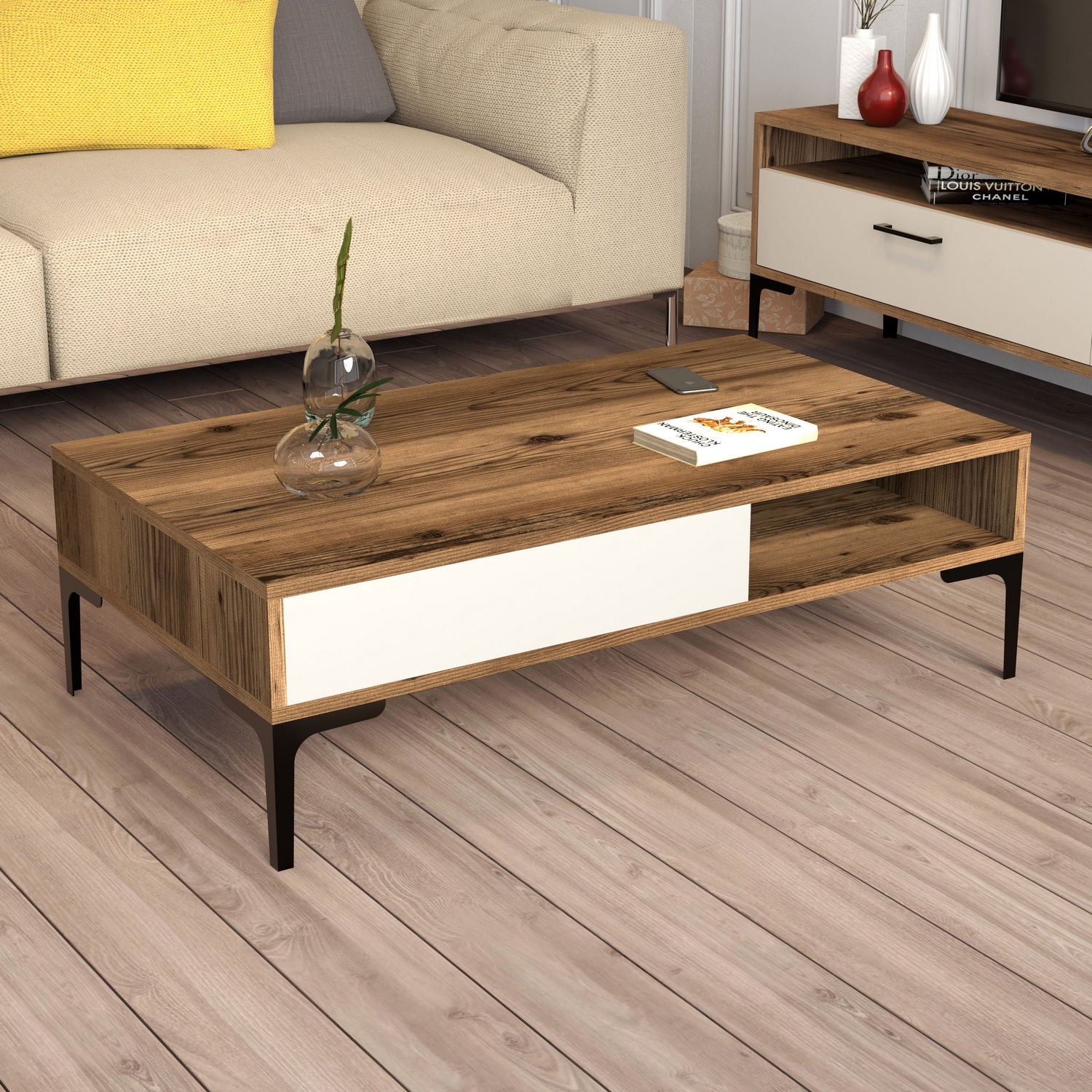 Mesa de Centro Moderna – 105 x 60 x 32,6 cm – Nogueira e Creme – Painel de Partículas revestido a Melamina
