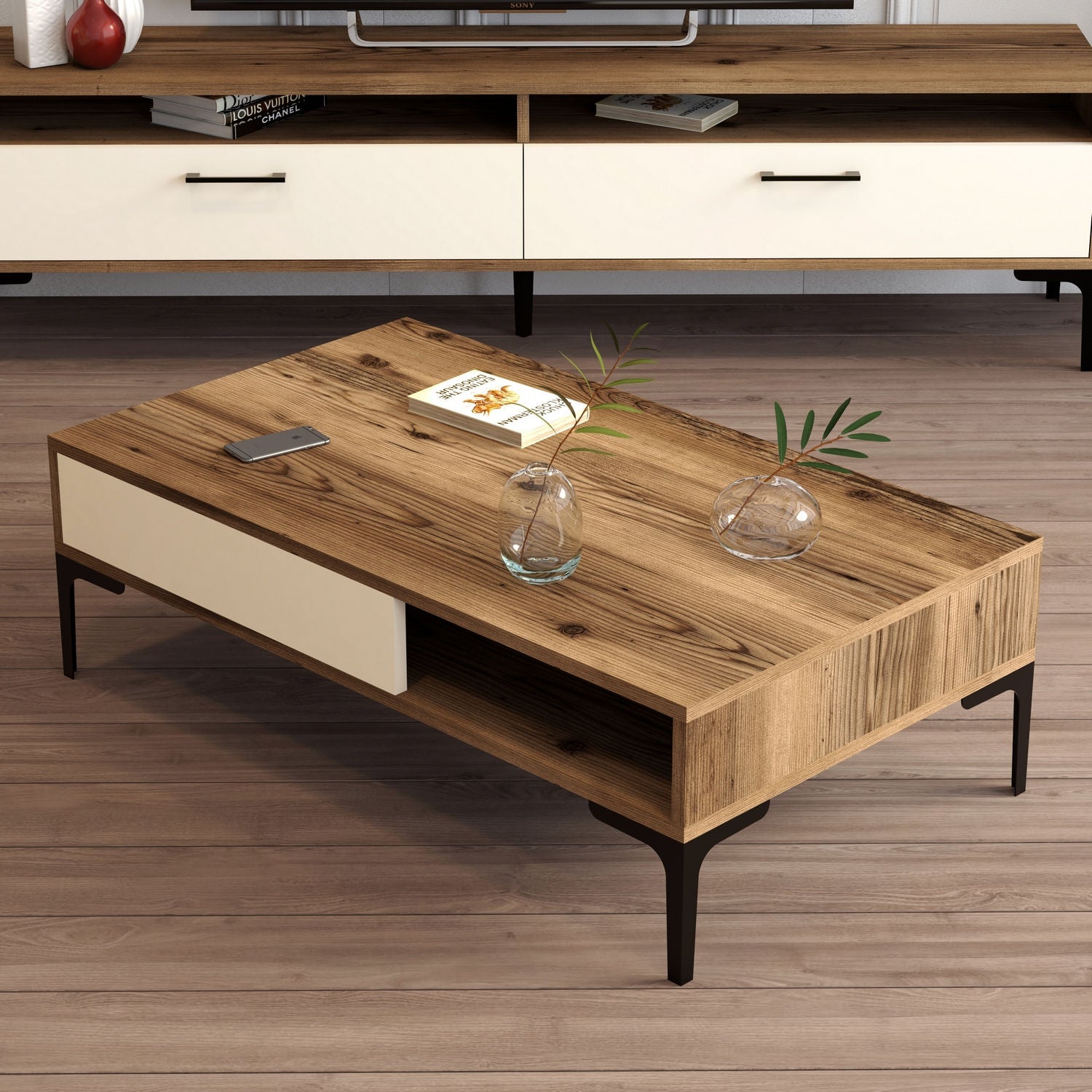 Mesa de Centro Moderna – 105 x 60 x 32,6 cm – Nogueira e Creme – Painel de Partículas revestido a Melamina