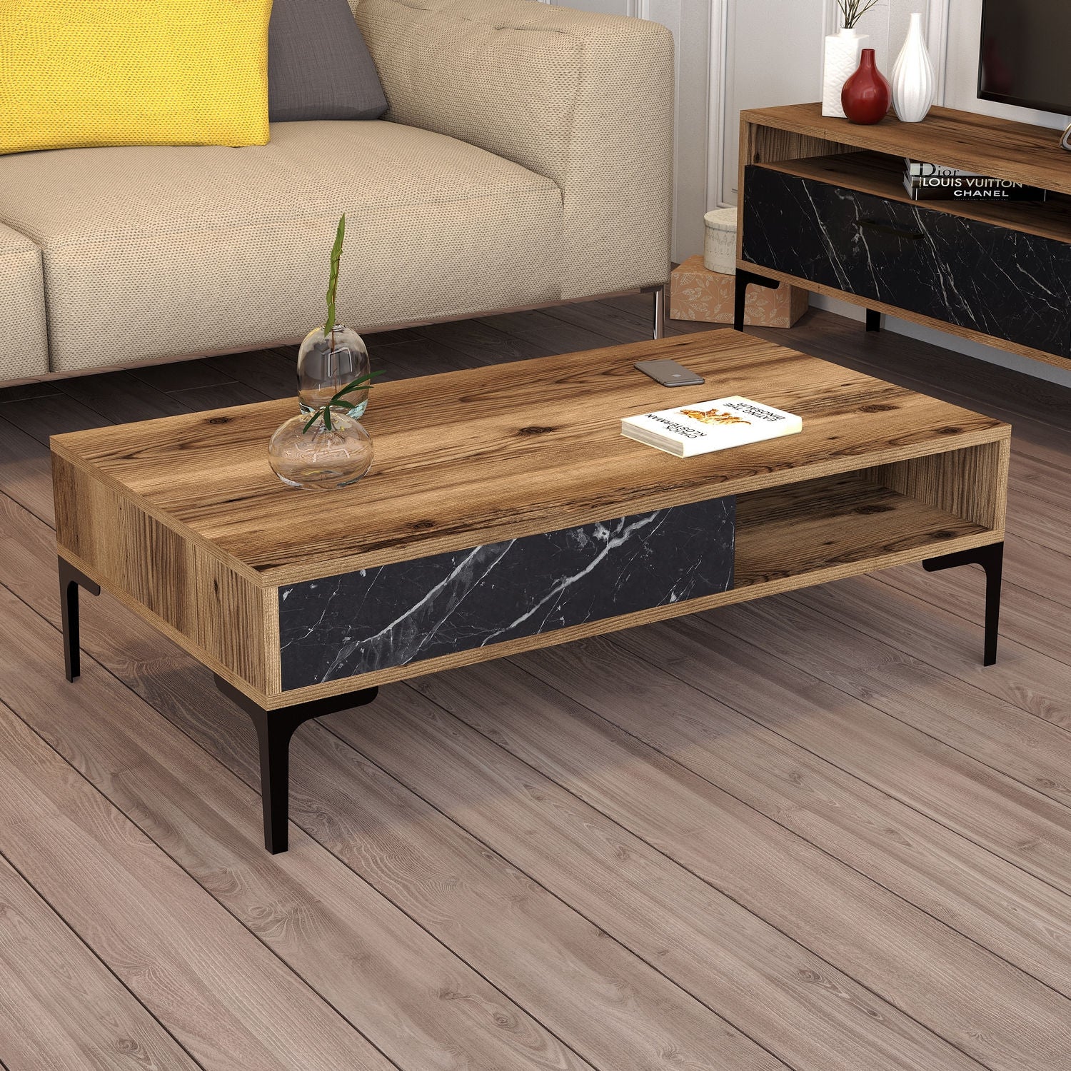 Mesa de Centro Moderna – 105 x 60 x 32,6 cm – Nogueira e Preto – Painel de Partículas com Melamina