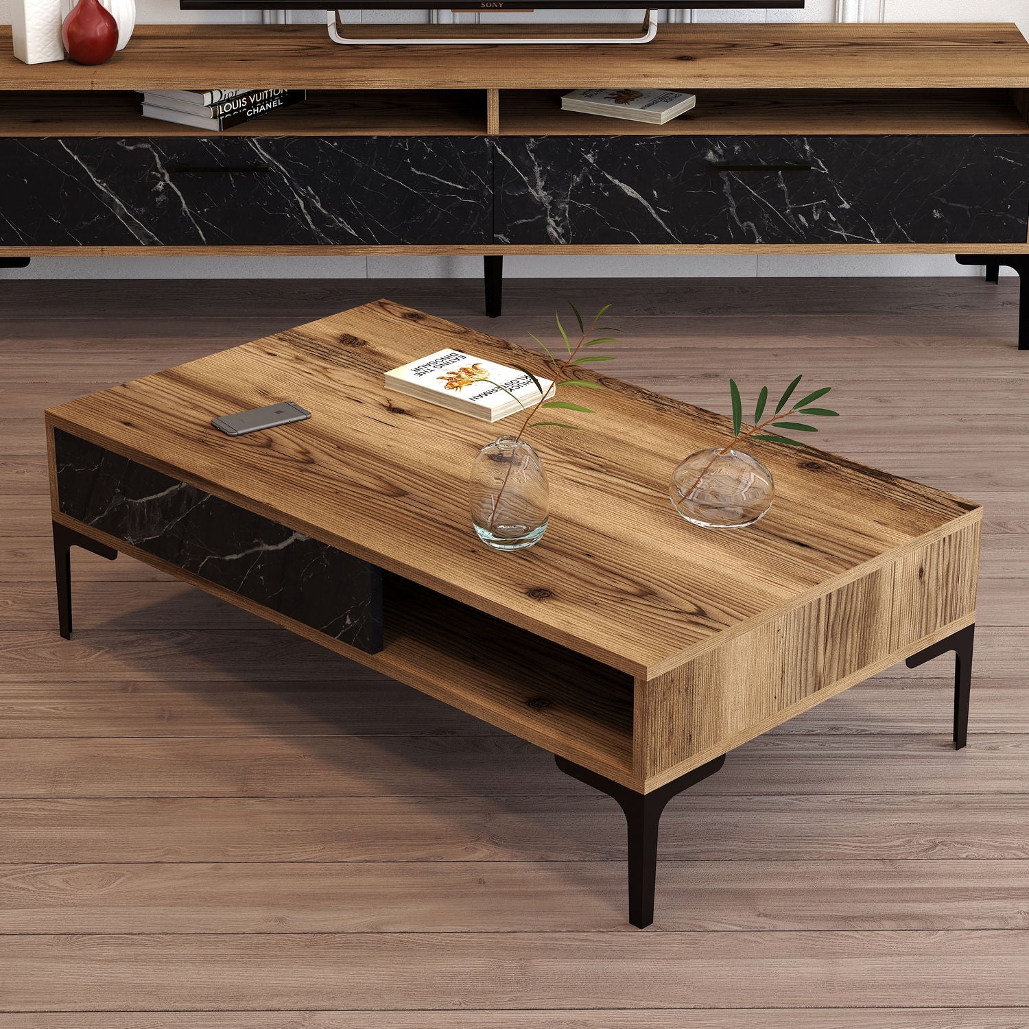 Mesa de Centro Moderna – 105 x 60 x 32,6 cm – Nogueira e Preto – Painel de Partículas com Melamina