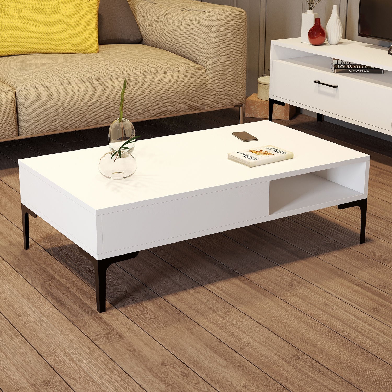 Mesa de Centro Moderna – 105 x 60 x 32,6 cm – Branca – Painel de Partículas Revestido a Melamina