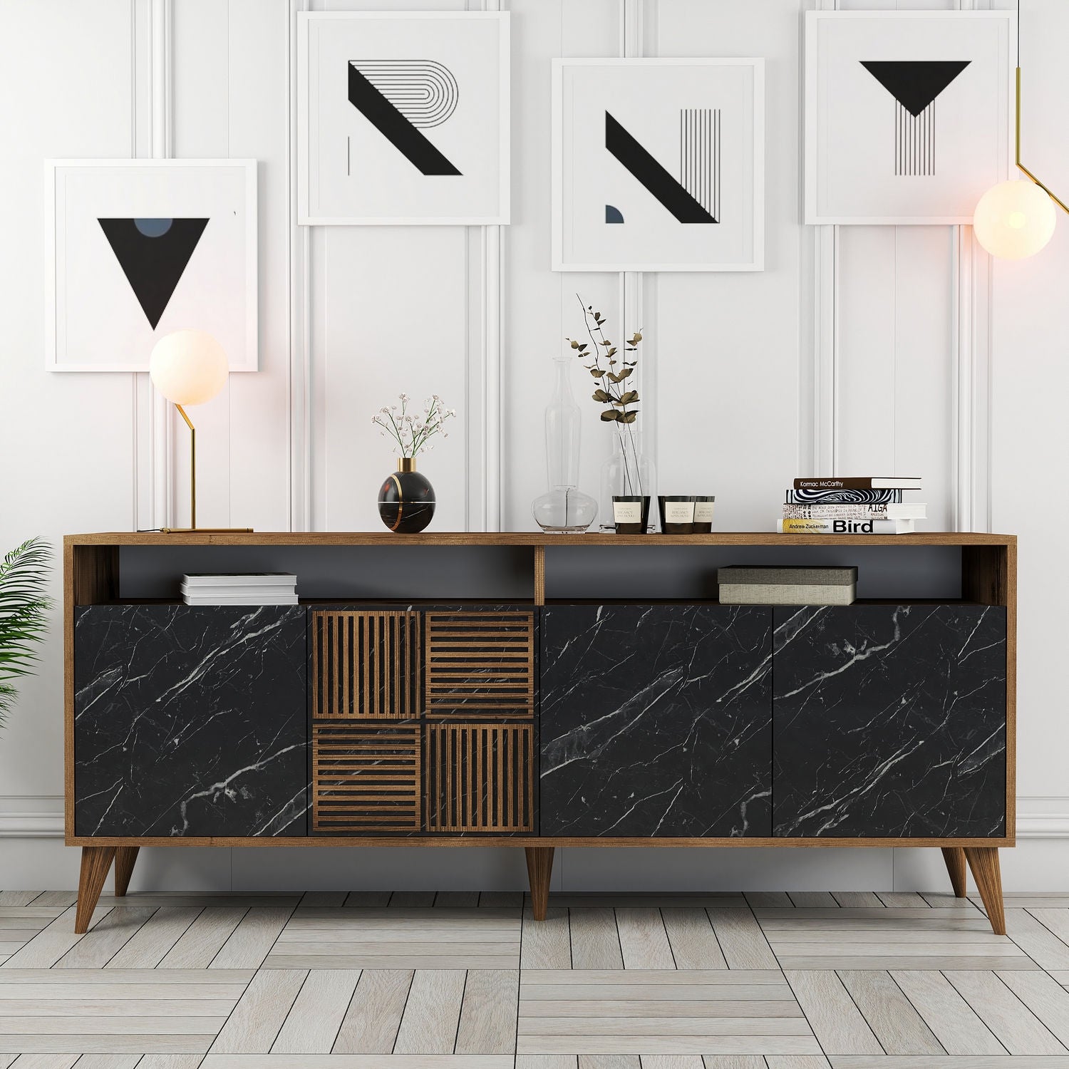 Aparador Moderno – 180 x 35 x 78 cm – Nogueira e Preto – Painéis de Partículas revestidos a Melamina