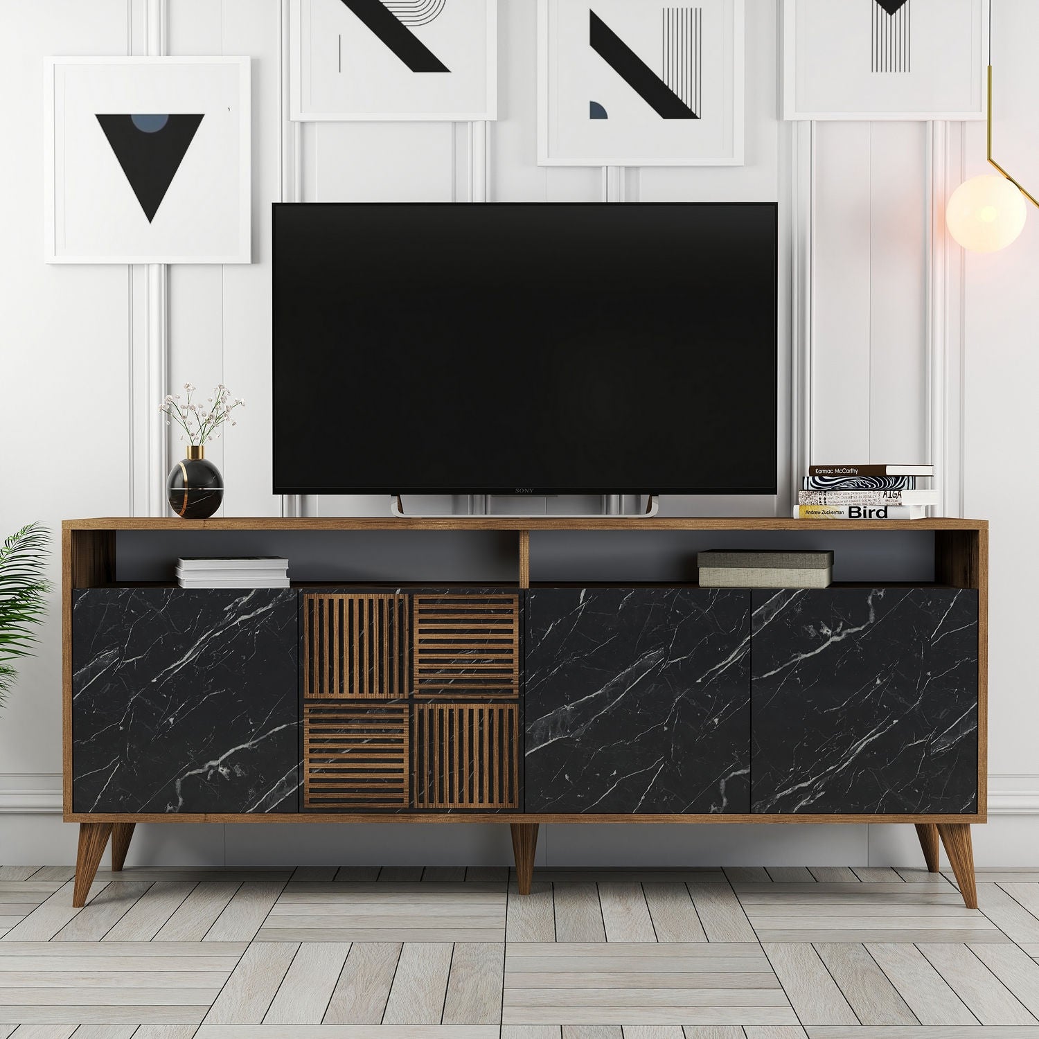 Aparador Moderno – 180 x 35 x 78 cm – Nogueira e Preto – Painéis de Partículas revestidos a Melamina