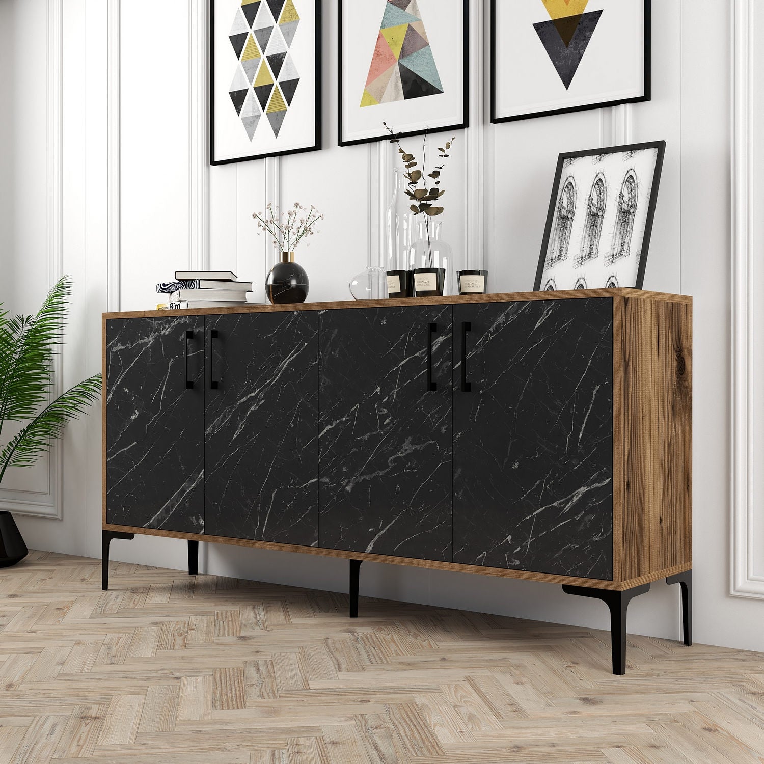 Aparador Industrial – 160 x 78 x 35 cm – Nogueira e Mármore Preto – Melamina e Metal