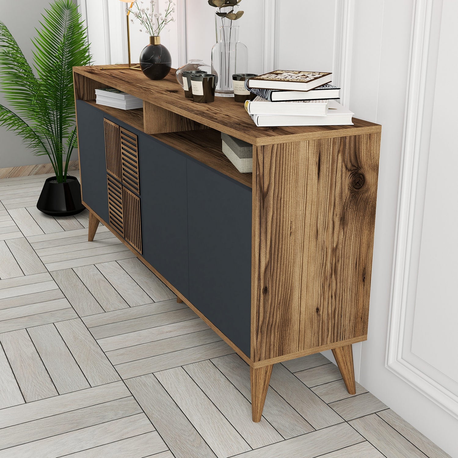Aparador Moderno – 160 x 78 x 35 cm – Nogueira e Antracite – 100% Melamina