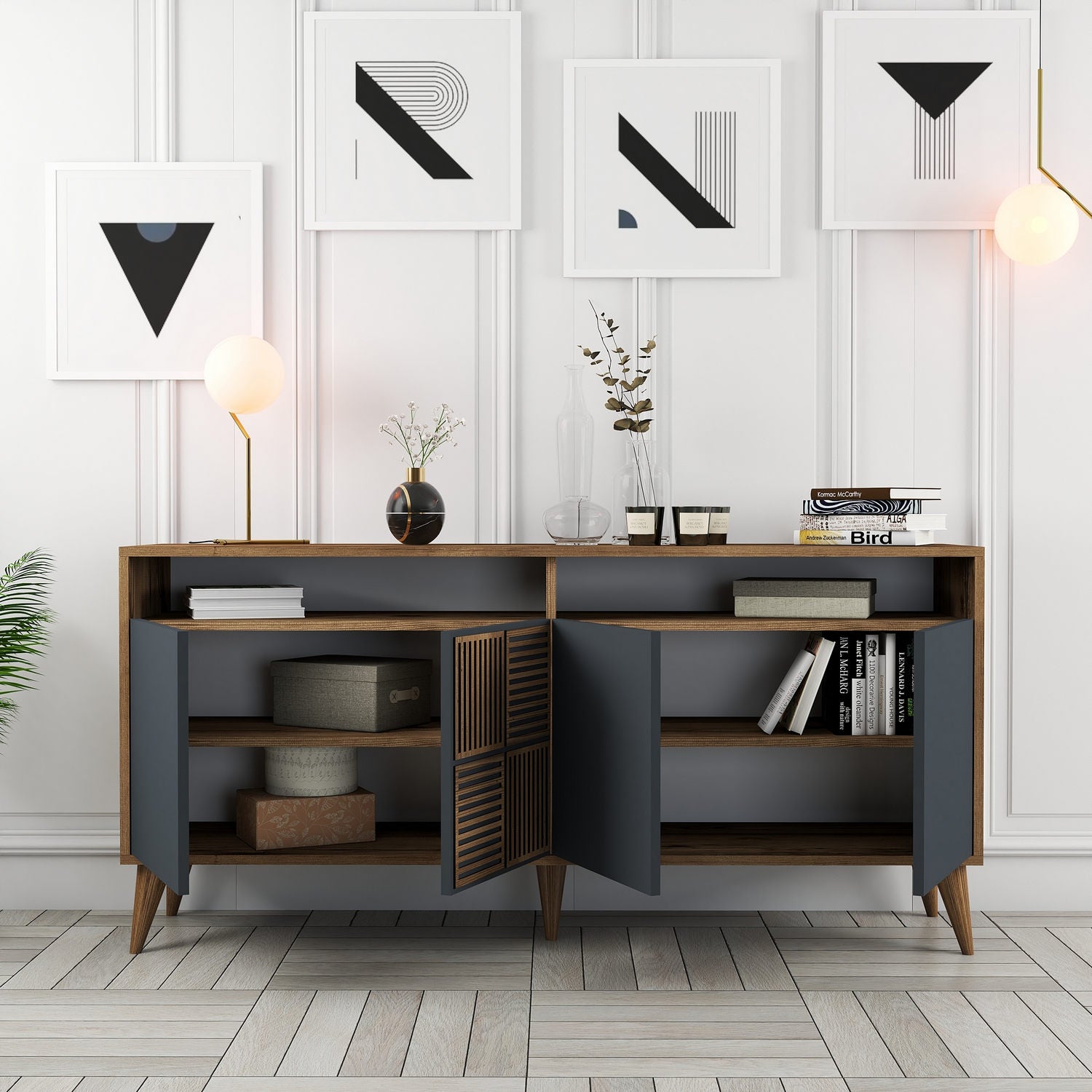 Aparador Moderno – 160 x 78 x 35 cm – Nogueira e Antracite – 100% Melamina