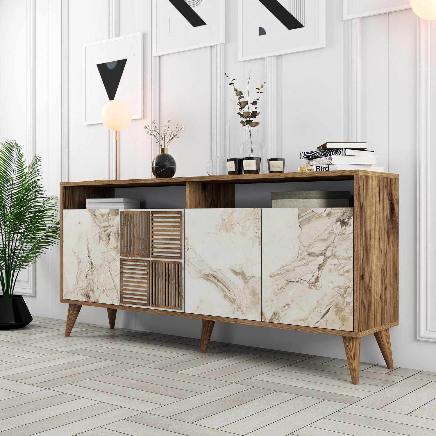 Aparador Moderno – 160 x 78 x 35 cm – Nogueira e Mármore Branco – Melamina