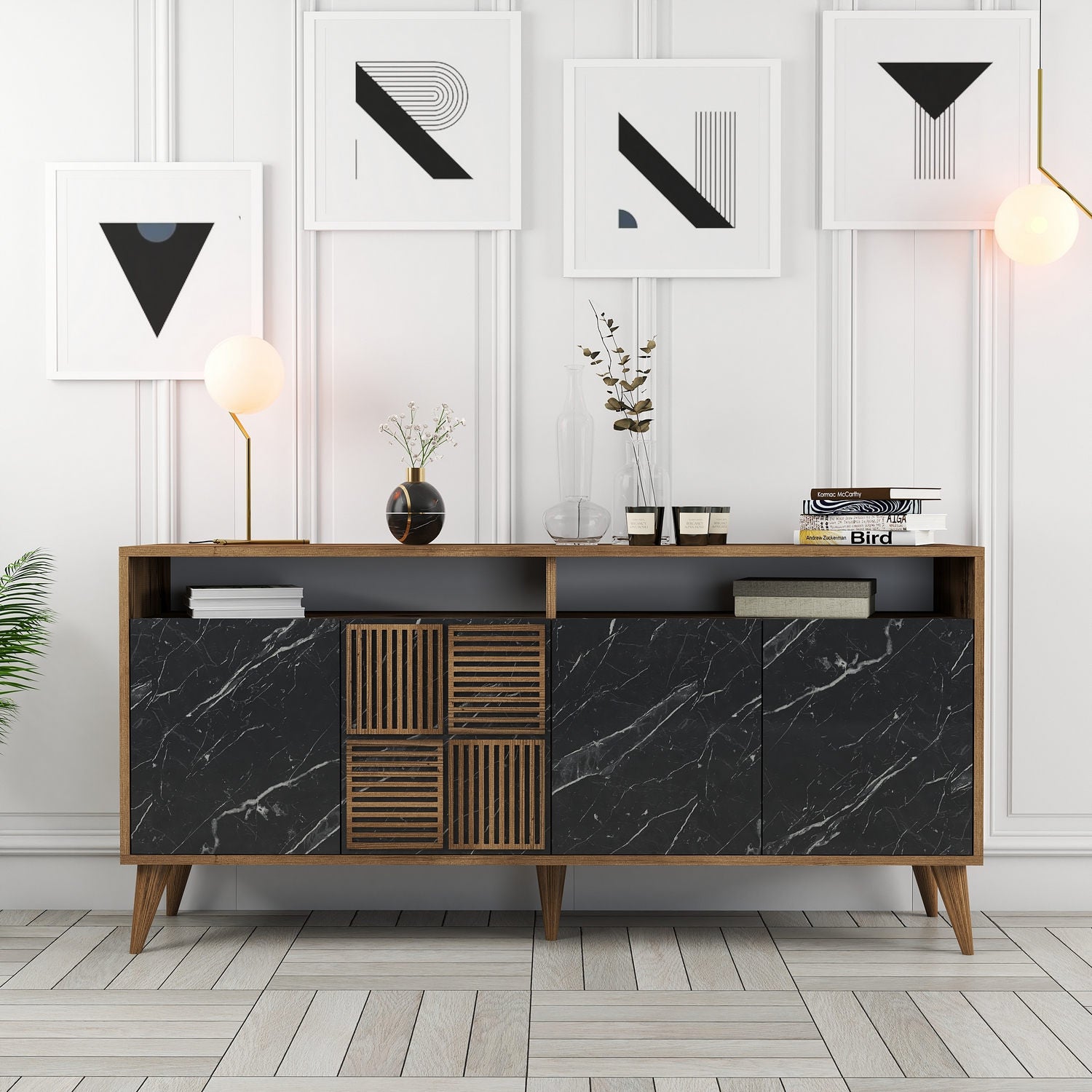 Aparador Moderno – 160 x 78 x 35 cm – Nogueira e Mármore Preto – 100% Melamina