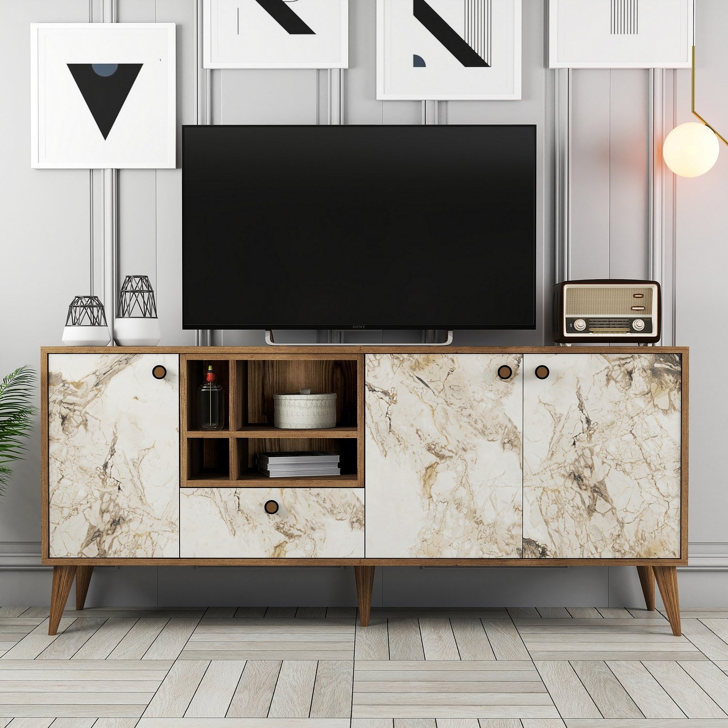 Aparador – 180 x 81 x 35 cm – Mármore Branco e Nogueira – 100% Melamina