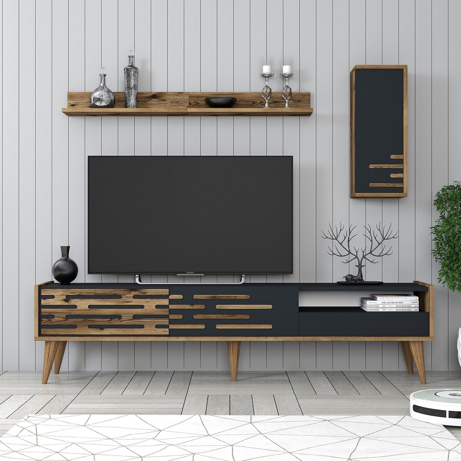 Móvel de TV elegante com prateleira de parede e armário, nogueira e antracite, 180 cm | 100% revestido em melamina, 18 mm de espessura | Amplo espaço de armazenamento e design moderno