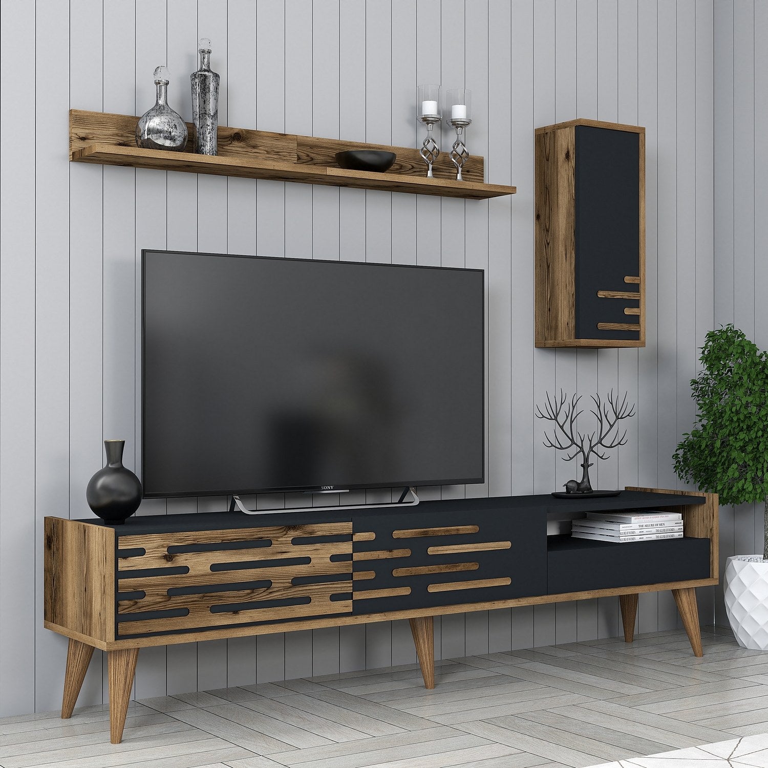 Móvel de TV elegante com prateleira de parede e armário, nogueira e antracite, 180 cm | 100% revestido em melamina, 18 mm de espessura | Amplo espaço de armazenamento e design moderno