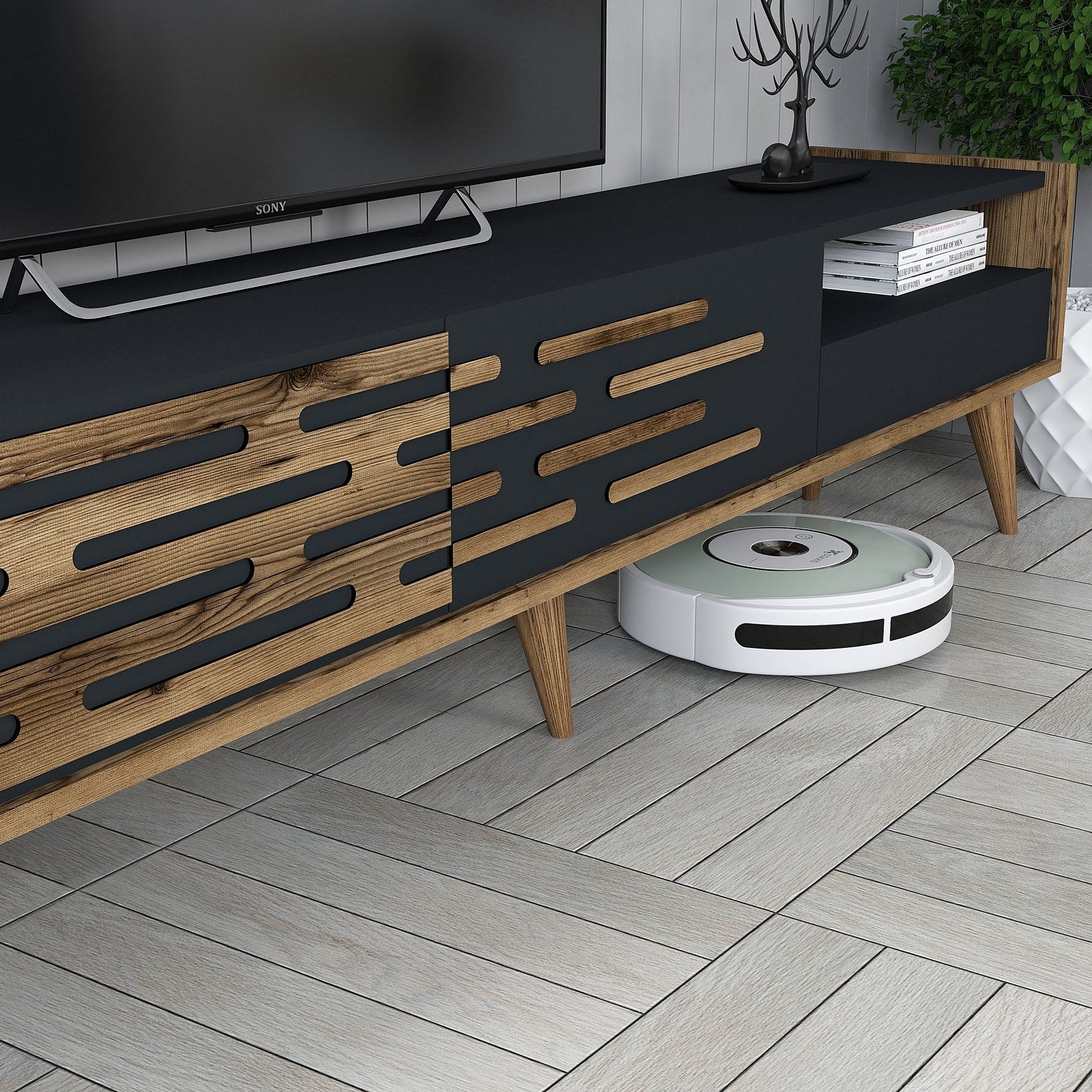 Móvel de TV elegante com prateleira de parede e armário, nogueira e antracite, 180 cm | 100% revestido em melamina, 18 mm de espessura | Amplo espaço de armazenamento e design moderno