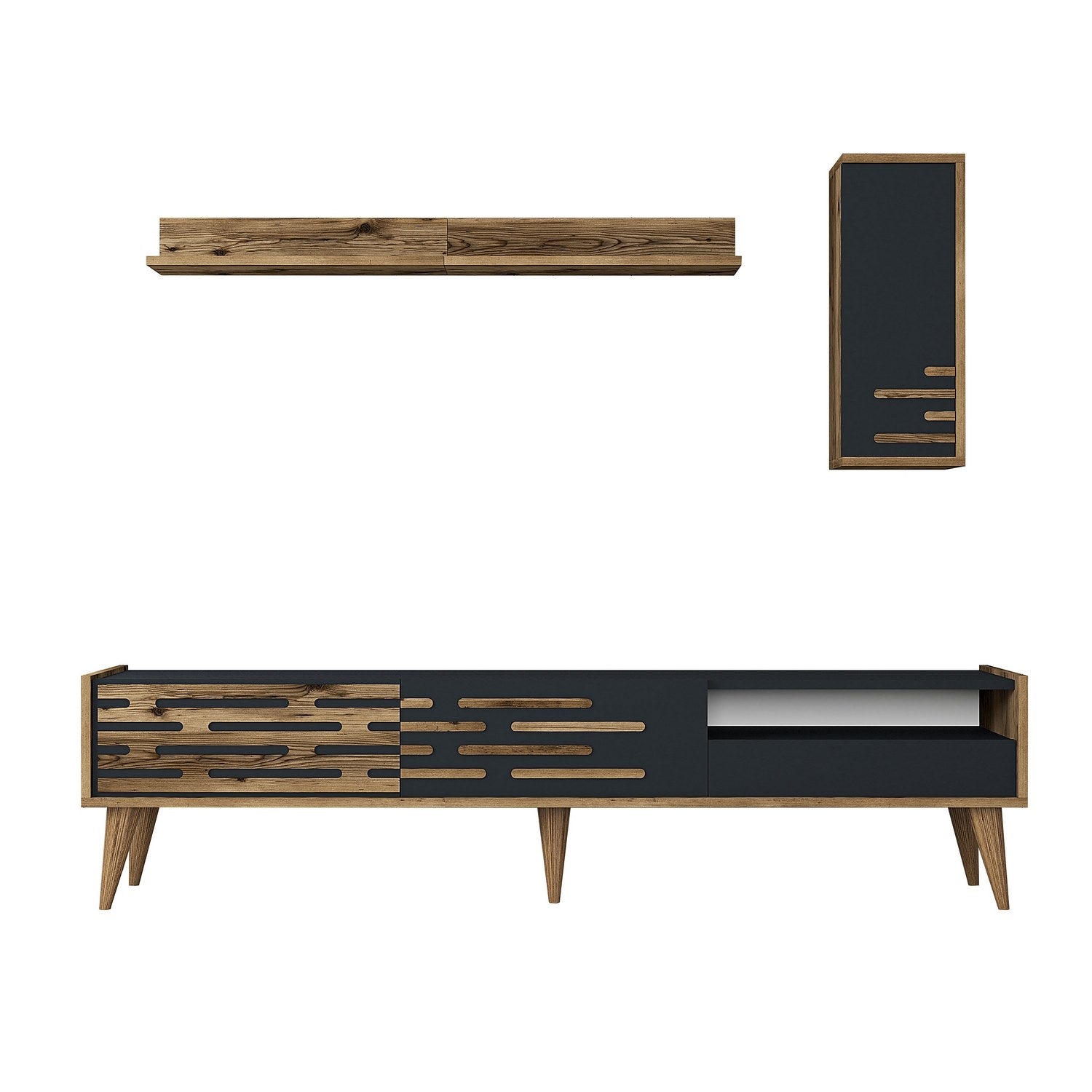 Móvel de TV elegante com prateleira de parede e armário, nogueira e antracite, 180 cm | 100% revestido em melamina, 18 mm de espessura | Amplo espaço de armazenamento e design moderno