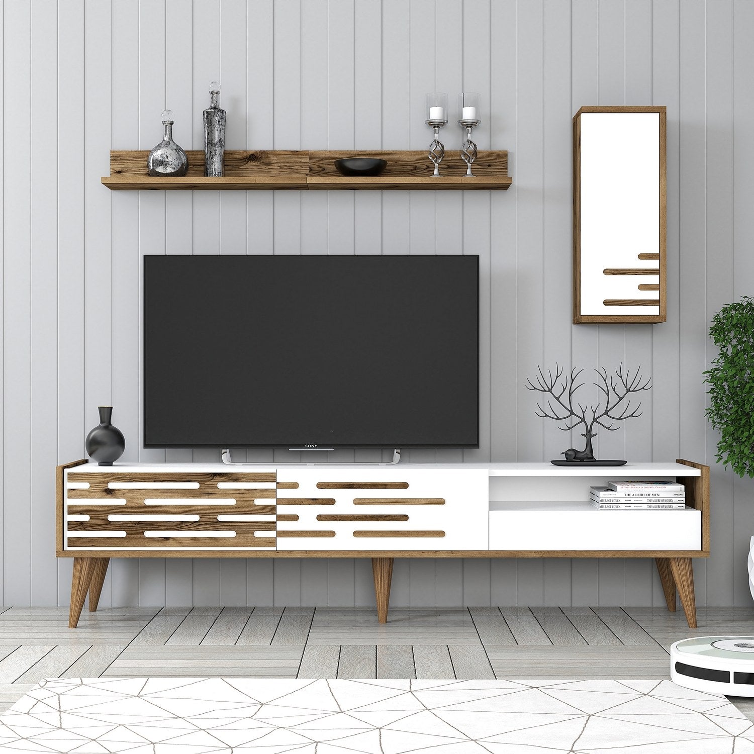 Móvel de TV elegante com prateleira de parede e armário, nogueira e branco, 180 cm | 100% revestido em melamina, 18 mm de espessura | Amplo espaço de armazenamento e design moderno para sala de estar