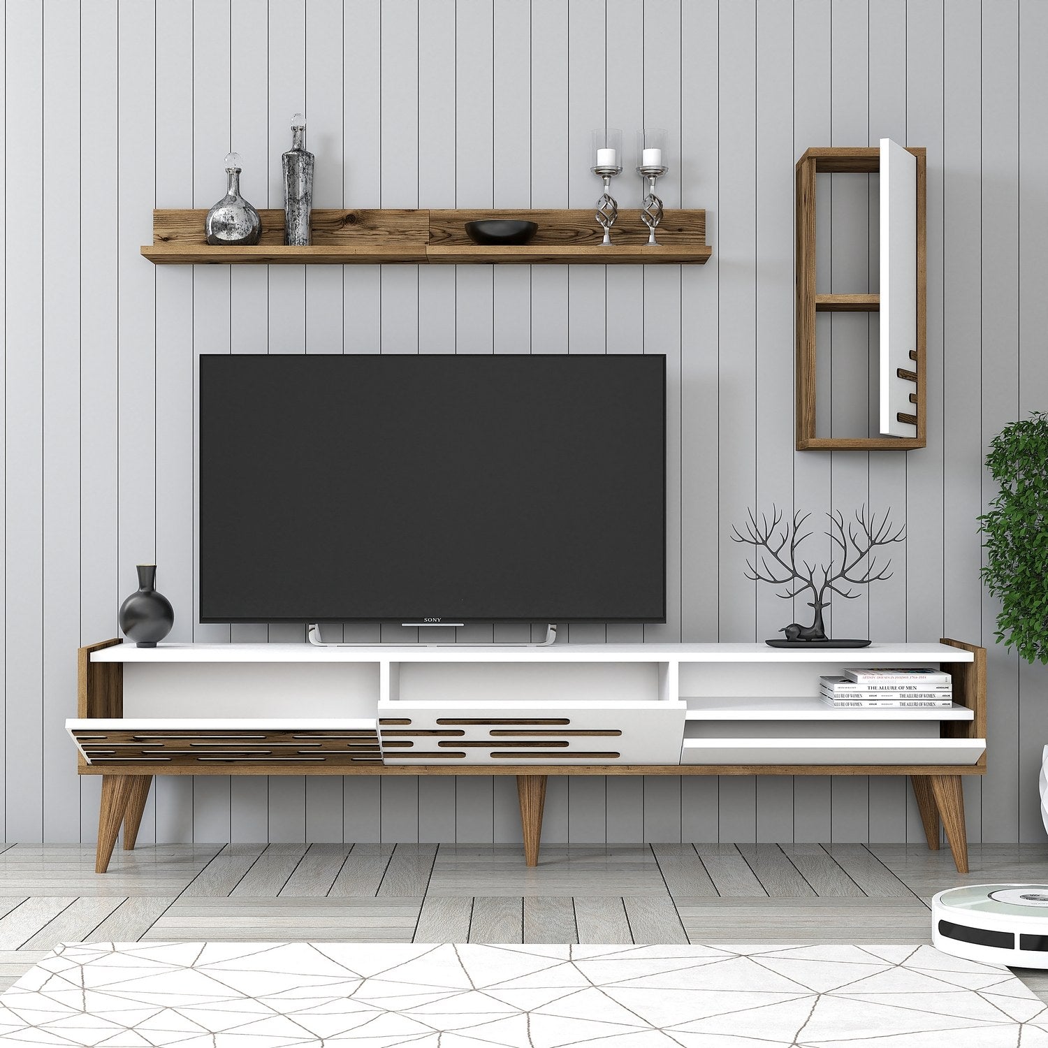 Móvel de TV elegante com prateleira de parede e armário, nogueira e branco, 180 cm | 100% revestido em melamina, 18 mm de espessura | Amplo espaço de armazenamento e design moderno para sala de estar