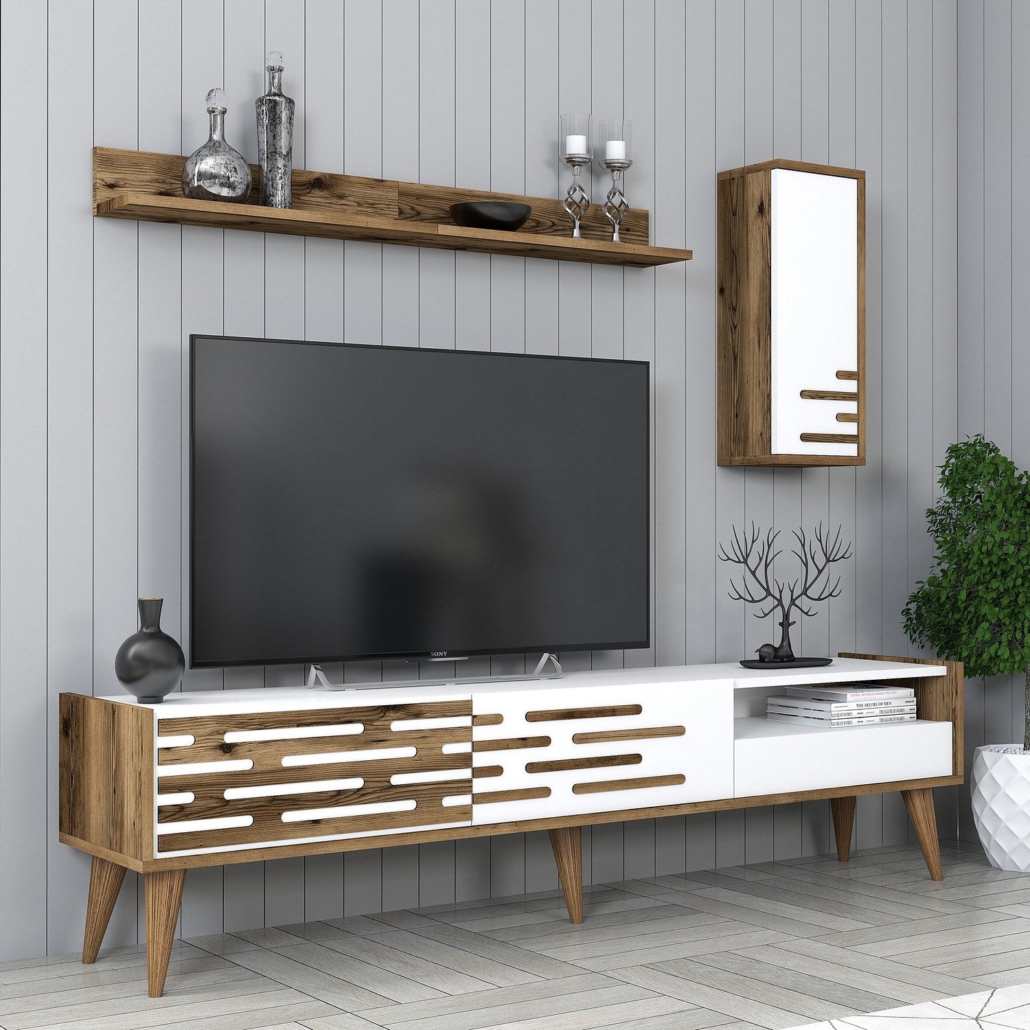 Móvel de TV elegante com prateleira de parede e armário, nogueira e branco, 180 cm | 100% revestido em melamina, 18 mm de espessura | Amplo espaço de armazenamento e design moderno para sala de estar