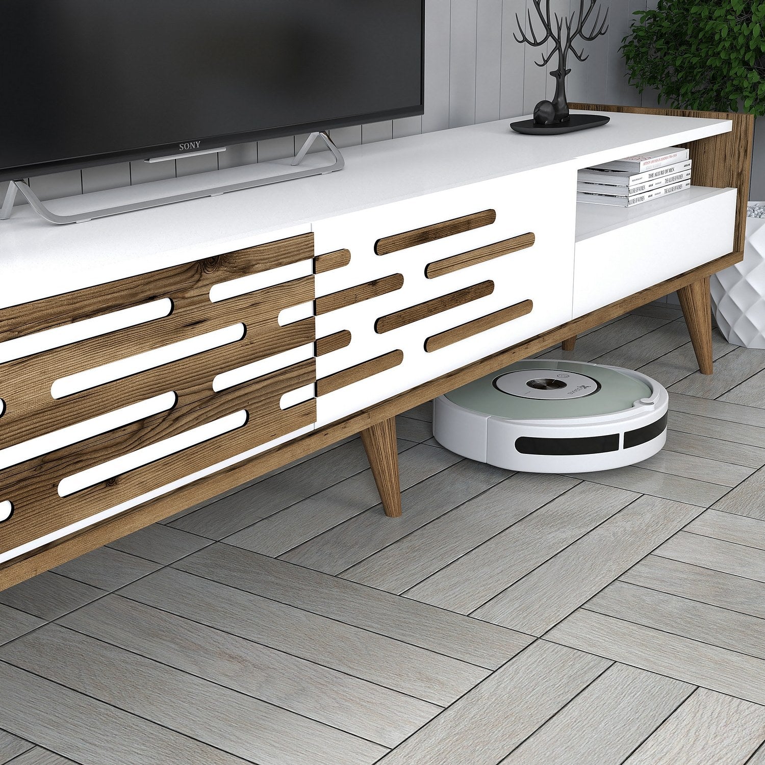 Móvel de TV elegante com prateleira de parede e armário, nogueira e branco, 180 cm | 100% revestido em melamina, 18 mm de espessura | Amplo espaço de armazenamento e design moderno para sala de estar