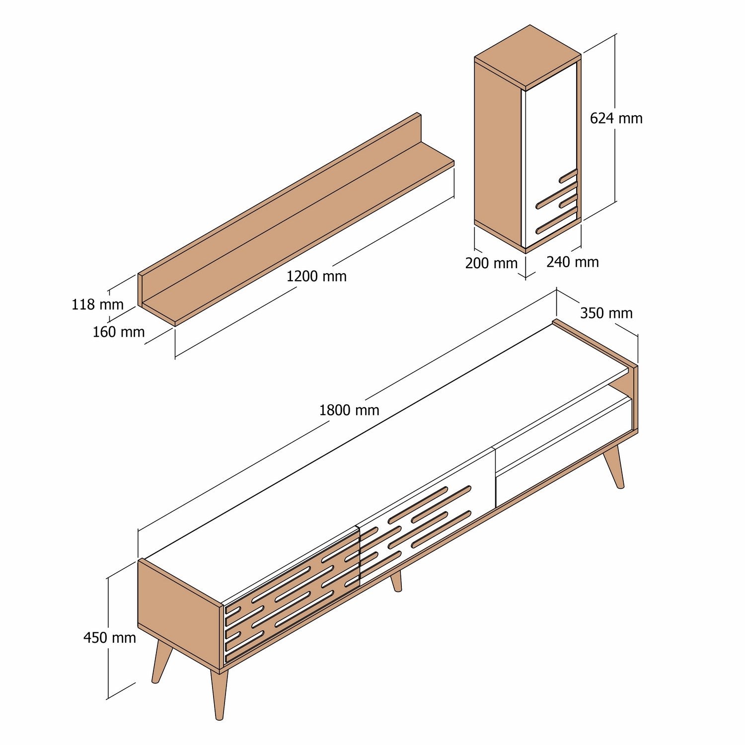 Móvel de TV elegante com prateleira de parede e armário, nogueira e branco, 180 cm | 100% revestido em melamina, 18 mm de espessura | Amplo espaço de armazenamento e design moderno para sala de estar