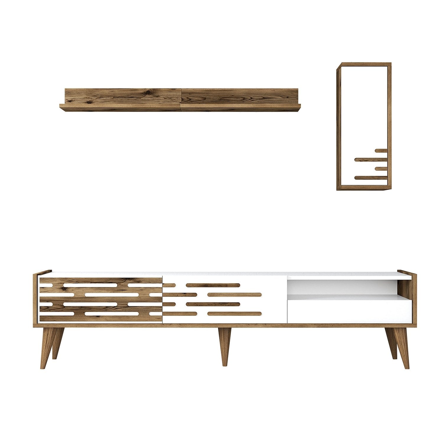 Móvel de TV elegante com prateleira de parede e armário, nogueira e branco, 180 cm | 100% revestido em melamina, 18 mm de espessura | Amplo espaço de armazenamento e design moderno para sala de estar