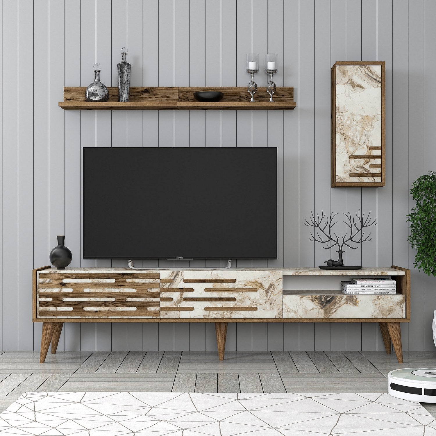 Móvel de TV elegante com prateleira de parede e armário, nogueira/branco/mármore, 180 cm | 100% revestido em melamina, 18 mm de espessura | Amplo espaço de armazenamento e design moderno