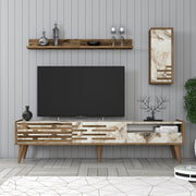 Móvel de TV elegante com prateleira de parede e armário, nogueira/branco/mármore, 180 cm | 100% revestido em melamina, 18 mm de espessura | Amplo espaço de armazenamento e design moderno