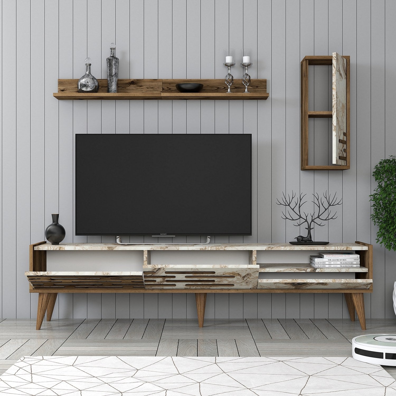 Móvel de TV elegante com prateleira de parede e armário, nogueira/branco/mármore, 180 cm | 100% revestido em melamina, 18 mm de espessura | Amplo espaço de armazenamento e design moderno