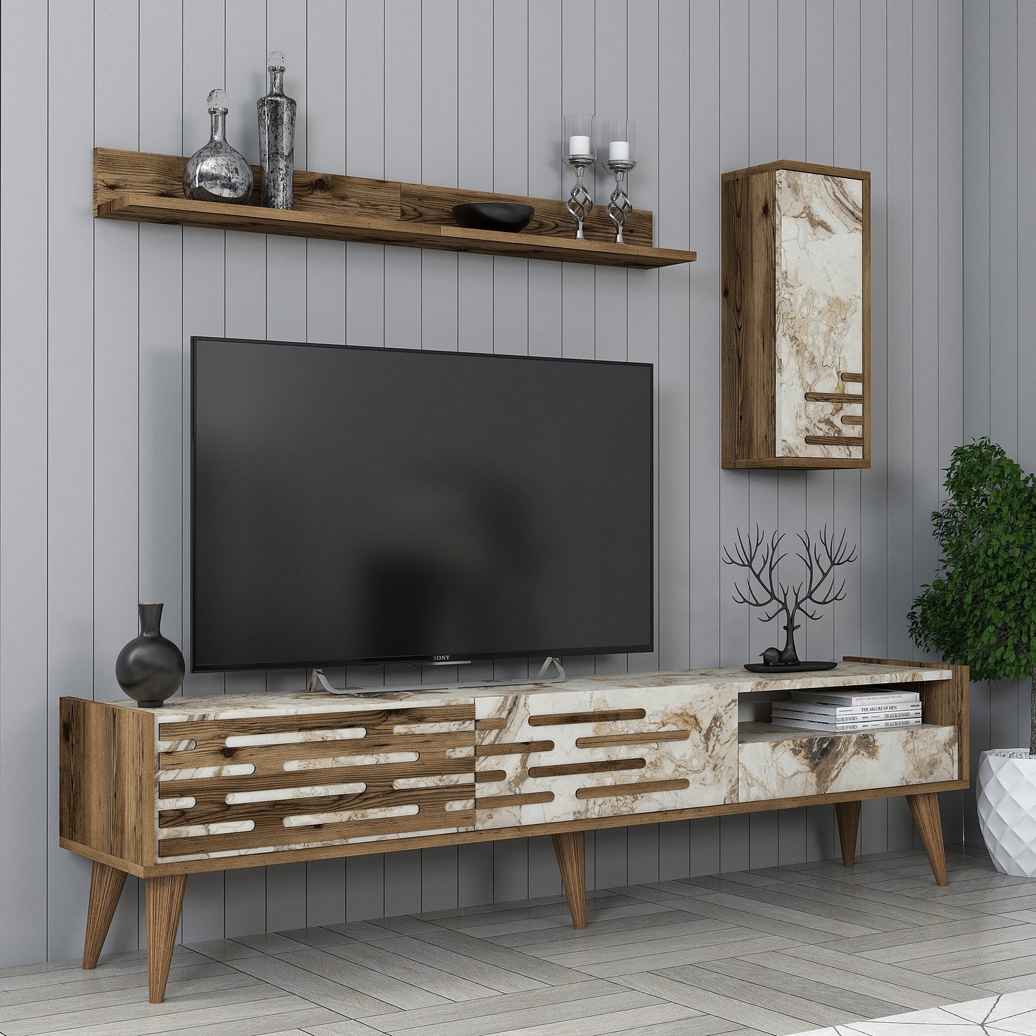 Móvel de TV elegante com prateleira de parede e armário, nogueira/branco/mármore, 180 cm | 100% revestido em melamina, 18 mm de espessura | Amplo espaço de armazenamento e design moderno