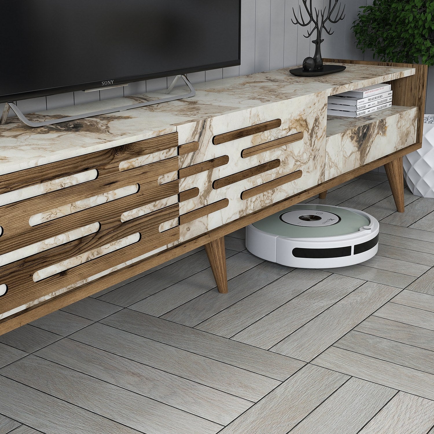 Móvel de TV elegante com prateleira de parede e armário, nogueira/branco/mármore, 180 cm | 100% revestido em melamina, 18 mm de espessura | Amplo espaço de armazenamento e design moderno