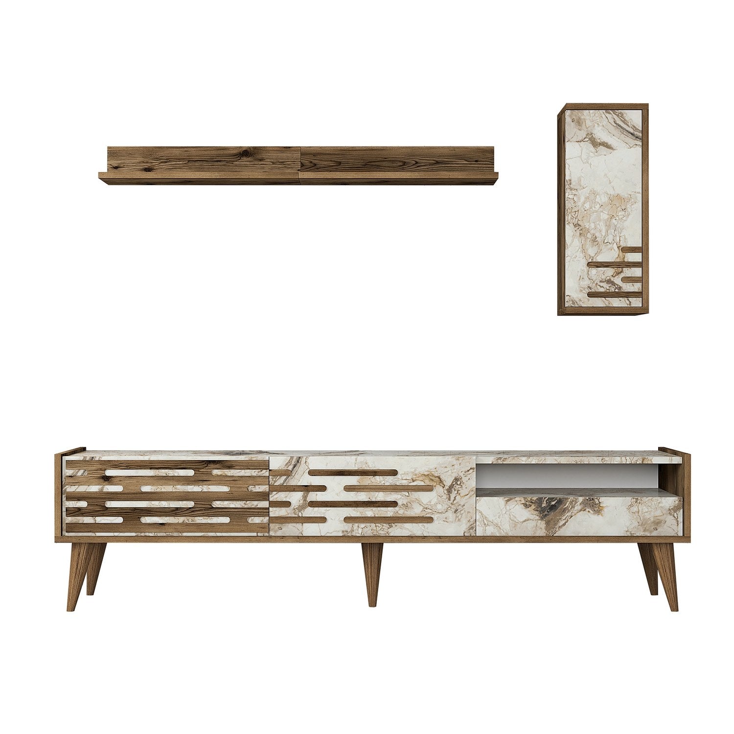 Móvel de TV elegante com prateleira de parede e armário, nogueira/branco/mármore, 180 cm | 100% revestido em melamina, 18 mm de espessura | Amplo espaço de armazenamento e design moderno