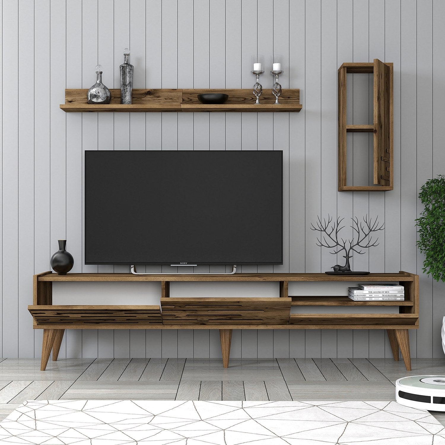 Móvel de TV elegante em nogueira com prateleira de parede e armário, 100% revestido em melamina, 180 cm de largura | Design durável e funcional com amplo espaço de armazenamento e pernas de plástico